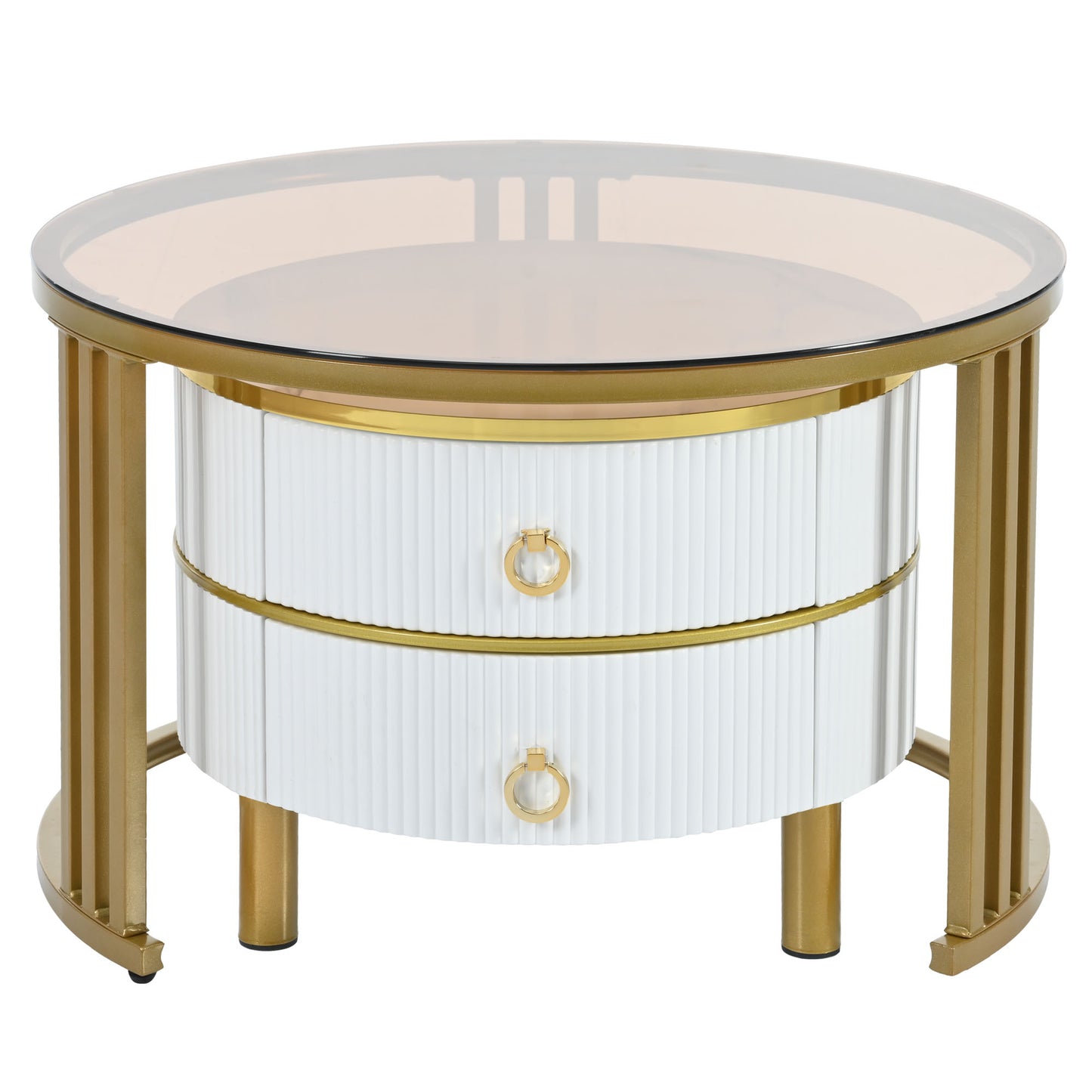 ON-TREND Φ27.5'' & Φ19.6'' Stackable Coffee Table with 2 Drawers, Nesting Tables with Brown Tempered Glass and High Gloss Marble Tabletop, Set of 2, Round Center Table for Living Room, White