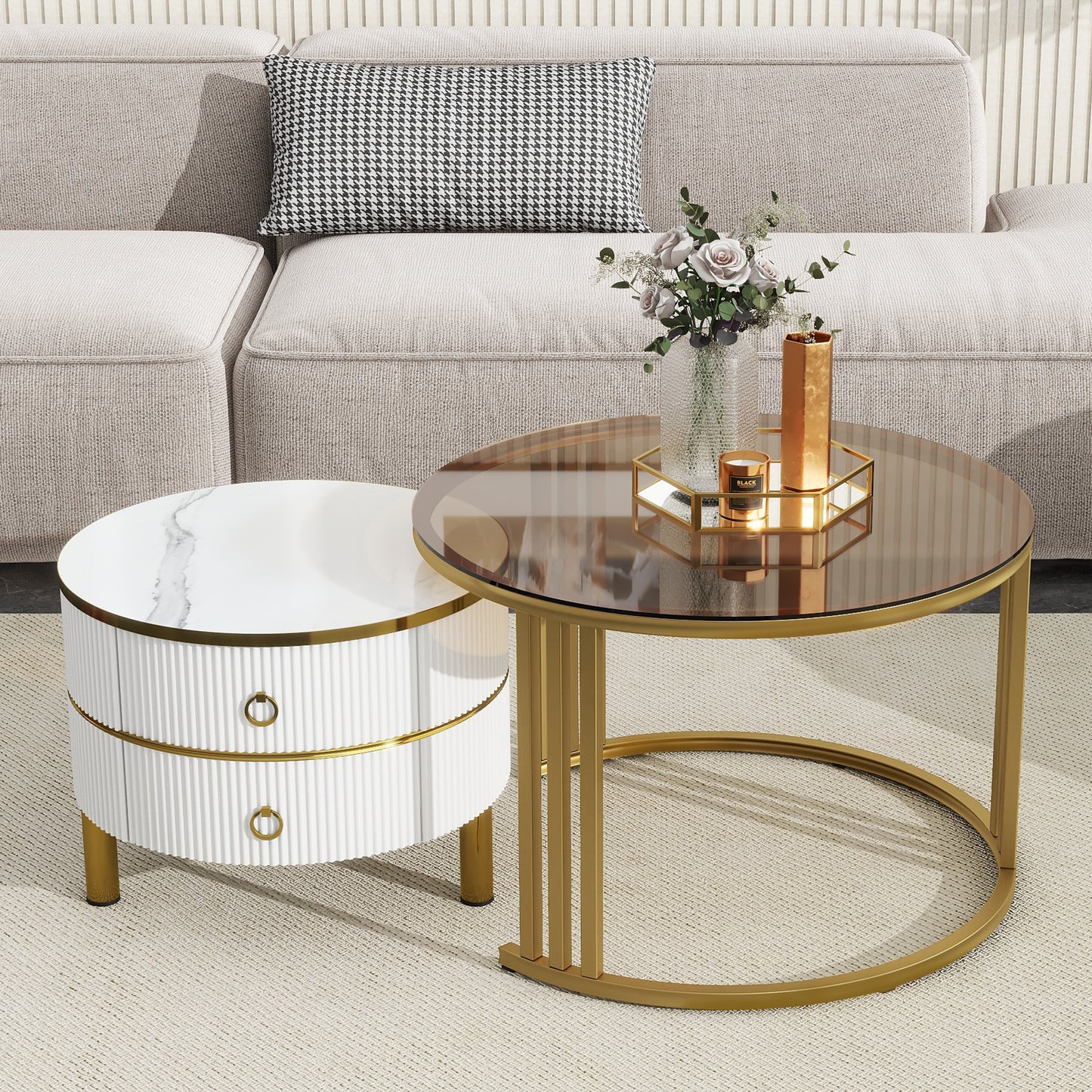 ON-TREND Φ27.5'' & Φ19.6'' Stackable Coffee Table with 2 Drawers, Nesting Tables with Brown Tempered Glass and High Gloss Marble Tabletop, Set of 2, Round Center Table for Living Room, White