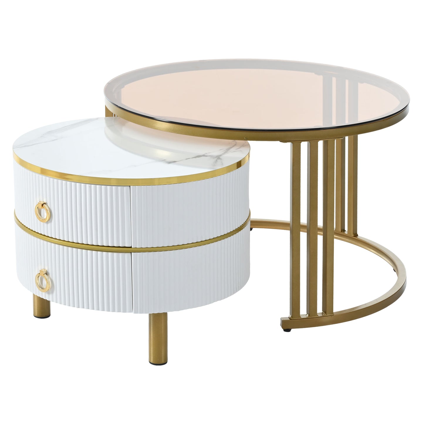 ON-TREND Φ27.5'' & Φ19.6'' Stackable Coffee Table with 2 Drawers, Nesting Tables with Brown Tempered Glass and High Gloss Marble Tabletop, Set of 2, Round Center Table for Living Room, White