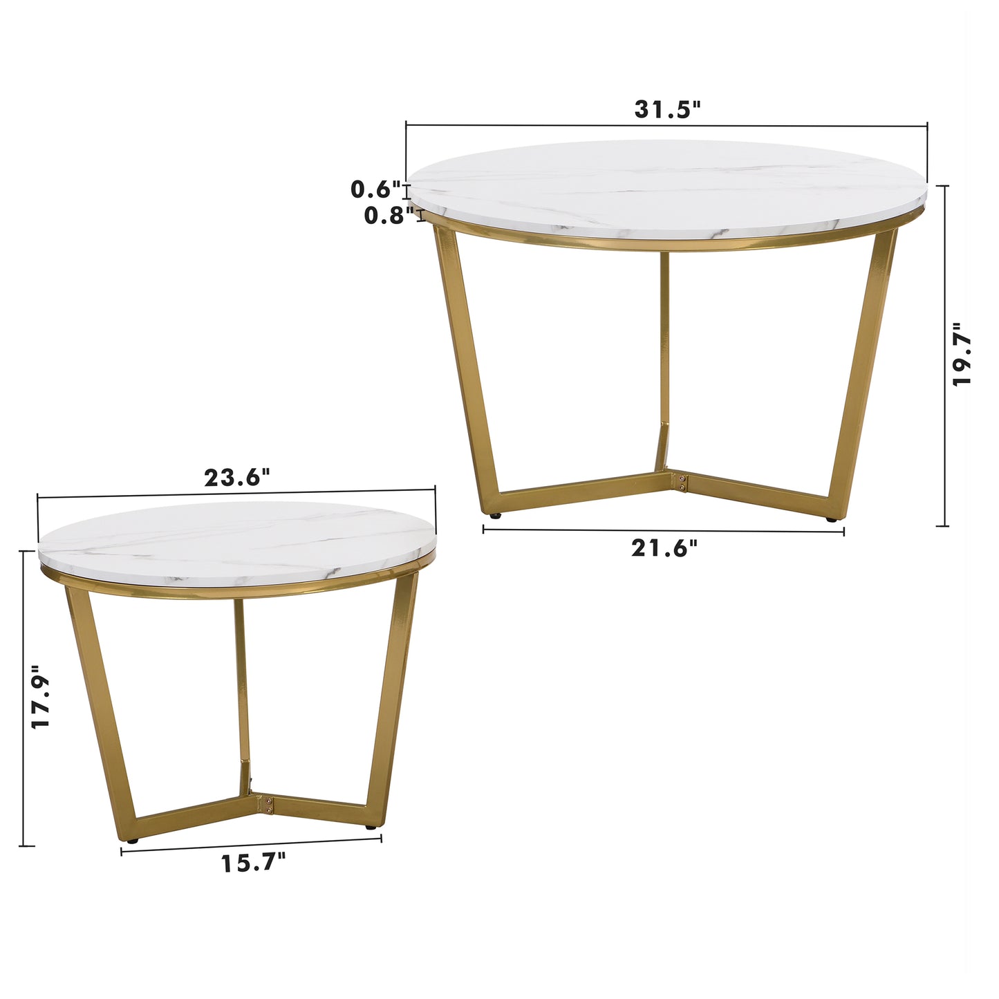 Modern Round Nesting Coffee Table Set 2-Piece White & Marbling Top Gold Base