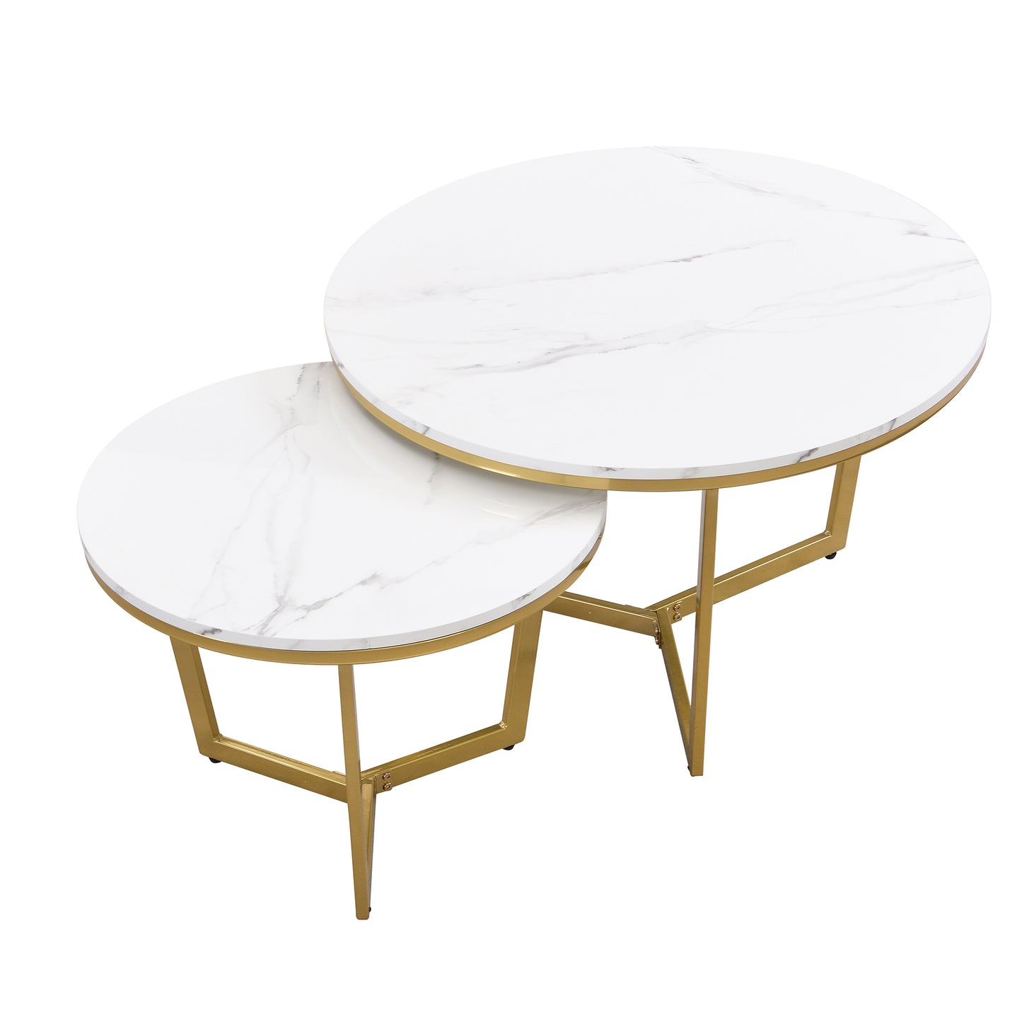 Modern Round Nesting Coffee Table Set 2-Piece White & Marbling Top Gold Base