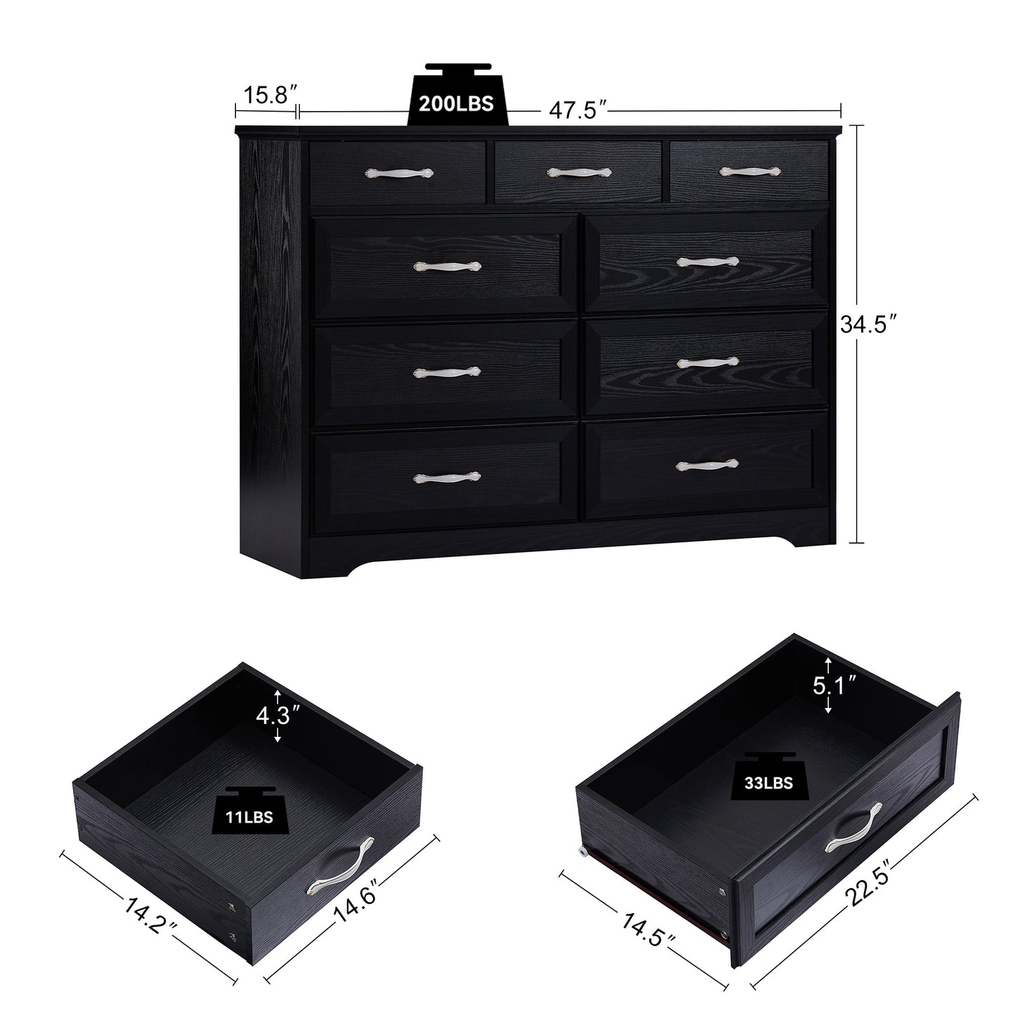 Bedroom dresser, 9 drawer long dresser with antique handles, wood chest of drawers for kids room, living room, entry and hallway, Black, 47.56''W x 15.75''D x 34.45''H.