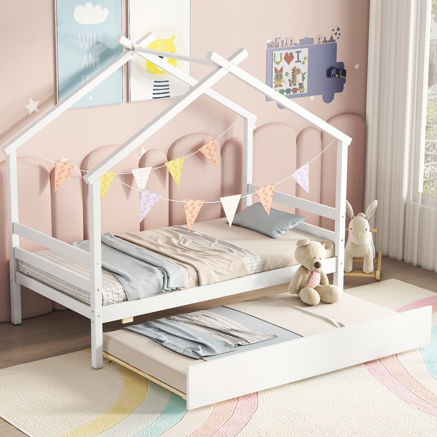 （缺货）Twin Size House-shaped Bed with Trundle,White