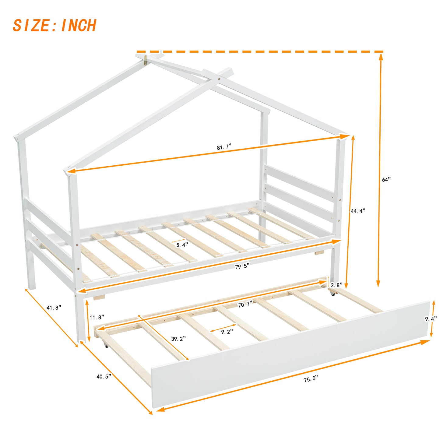 （缺货）Twin Size House-shaped Bed with Trundle,White