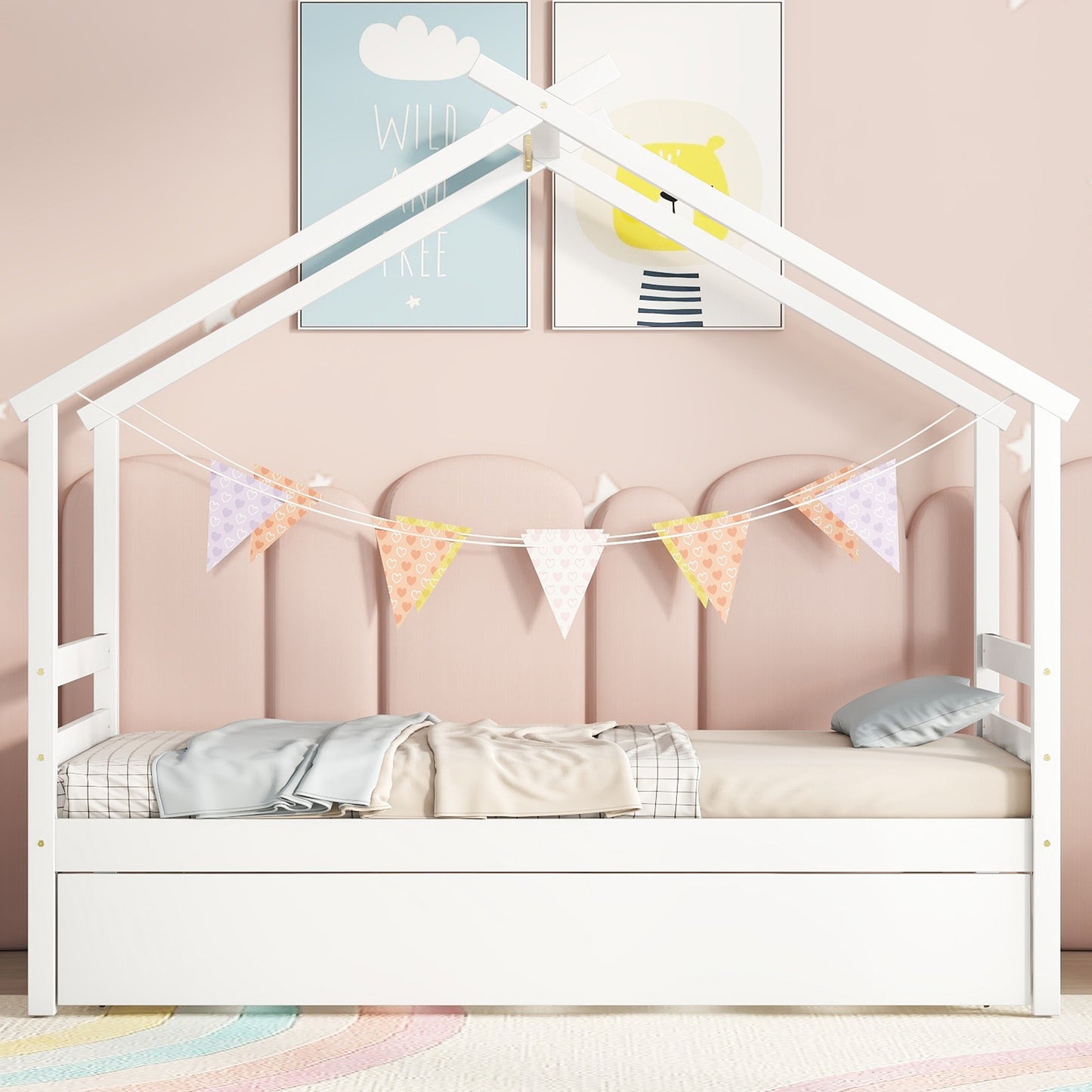 （缺货）Twin Size House-shaped Bed with Trundle,White