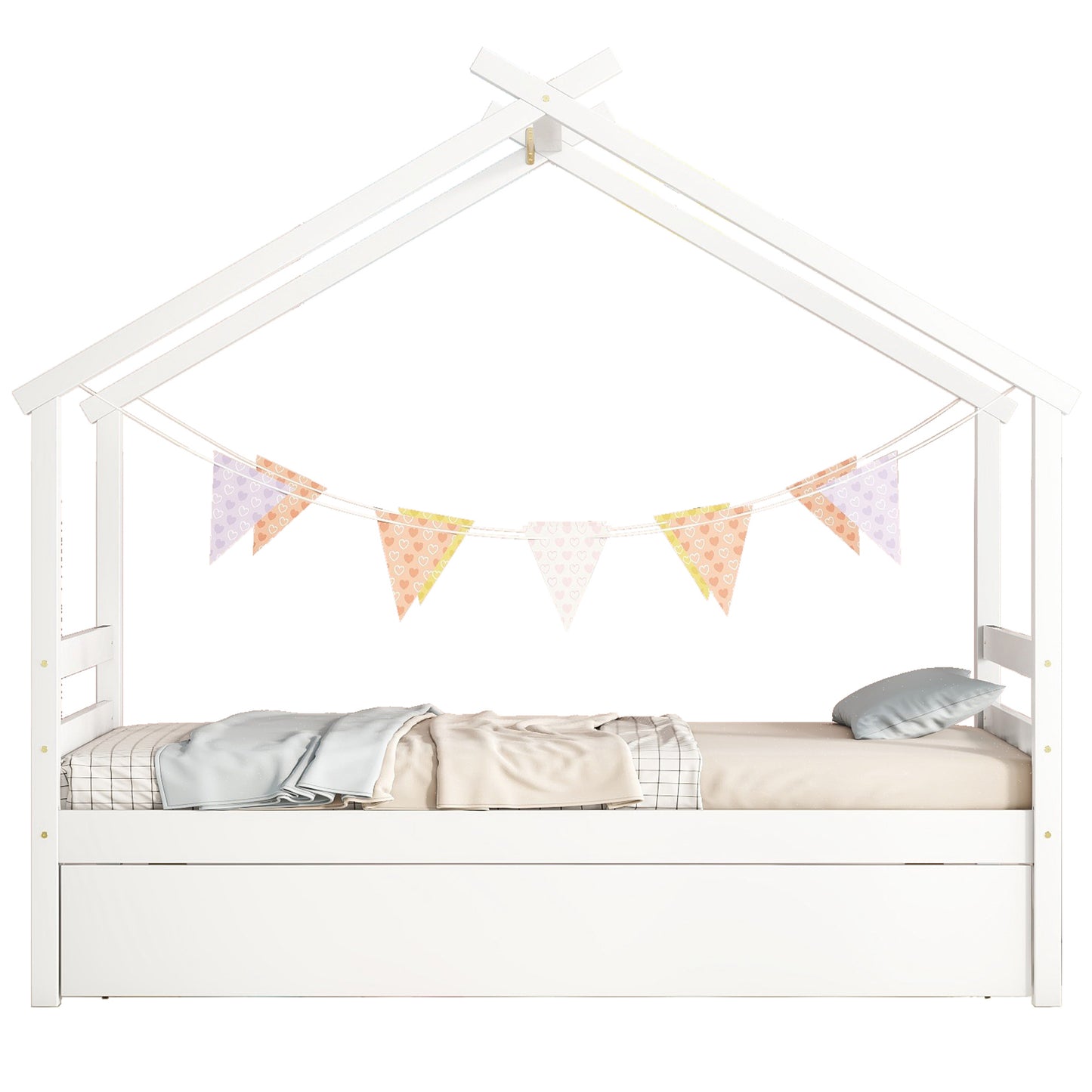 （缺货）Twin Size House-shaped Bed with Trundle,White