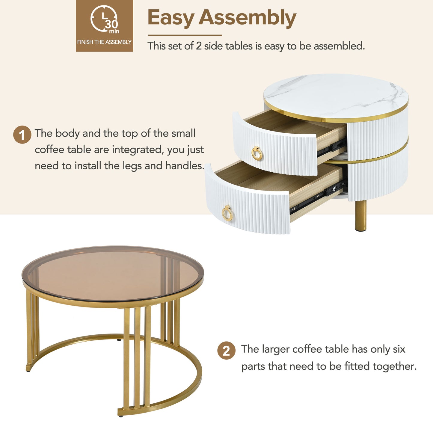 ON-TREND Φ27.5'' & Φ19.6'' Stackable Coffee Table with 2 Drawers, Nesting Tables with Brown Tempered Glass and High Gloss Marble Tabletop, Set of 2, Round Center Table for Living Room, White