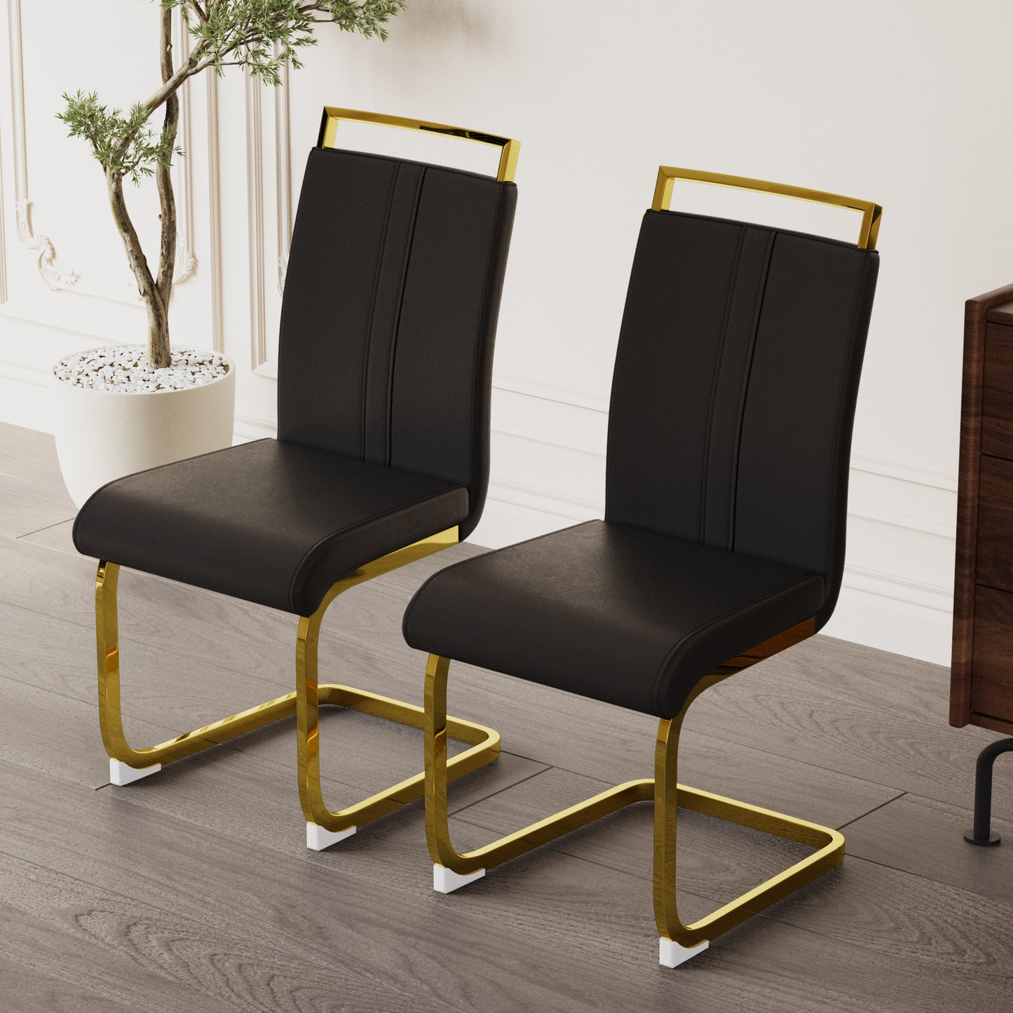 Modern Dining Chairs,PU Faux Leather High Back Upholstered Side Chair with C-shaped Tube. Plating Golden Metal Legs for Dining Room Kitchen Vanity Patio Club Guest Office Chair (Set of 4) (Black+PU)