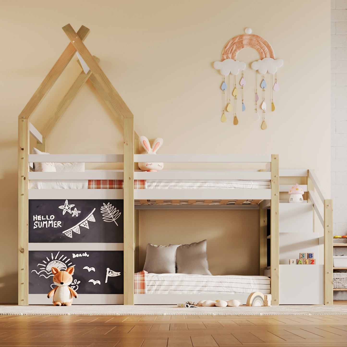 Twin over Twin House Bunk Bed with White Storage Staircase and 2 Blackboards, White and Natural