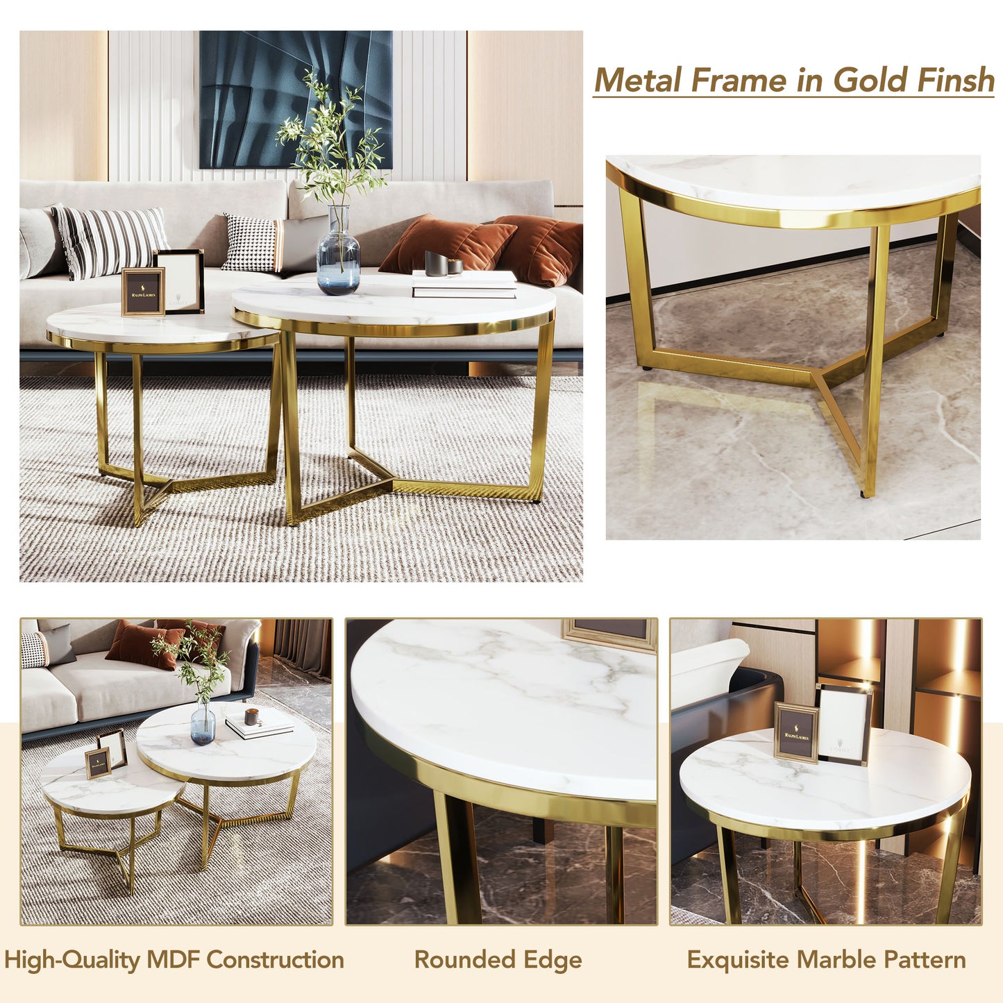 Modern Round Nesting Coffee Table Set 2-Piece White & Marbling Top Gold Base