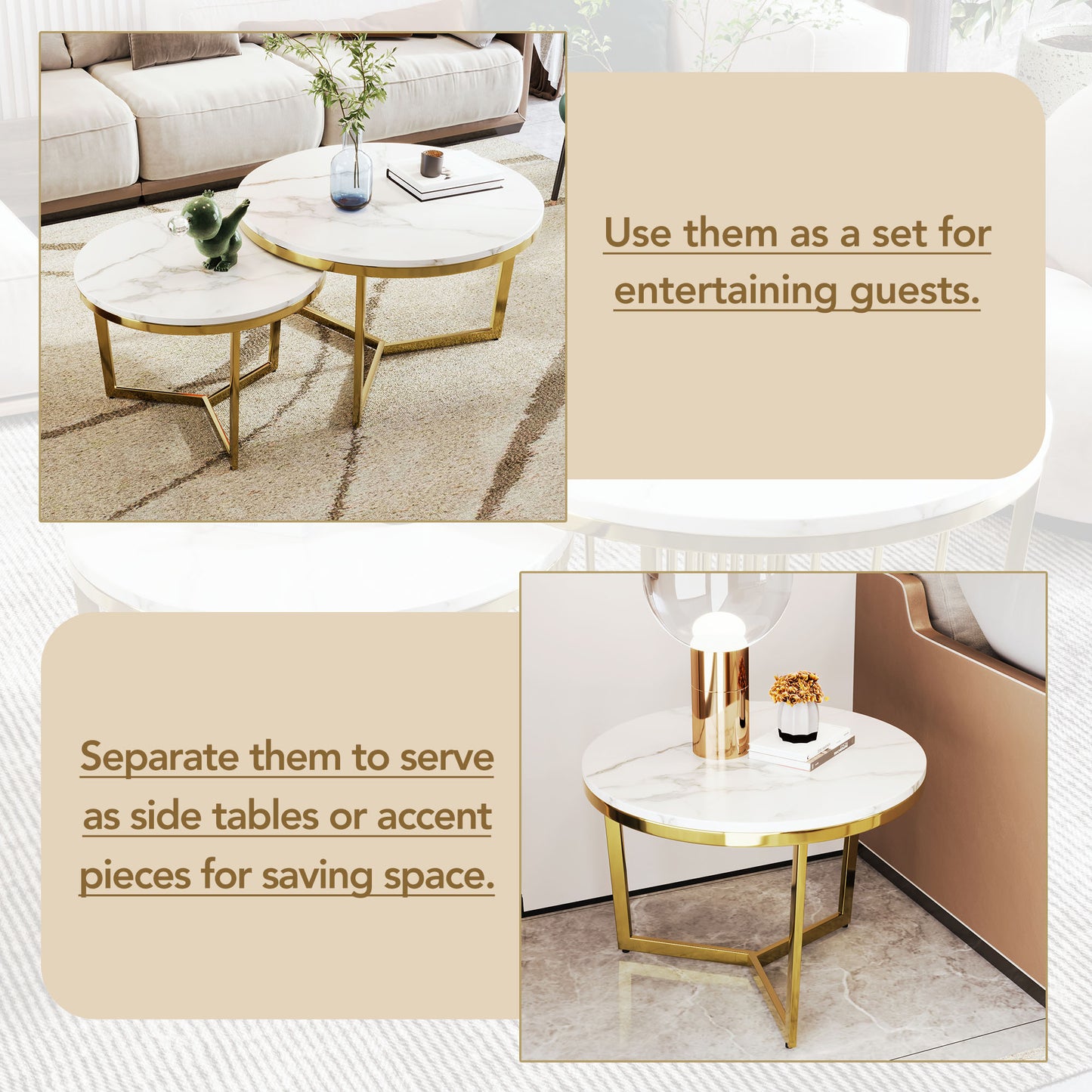 Modern Round Nesting Coffee Table Set 2-Piece White & Marbling Top Gold Base