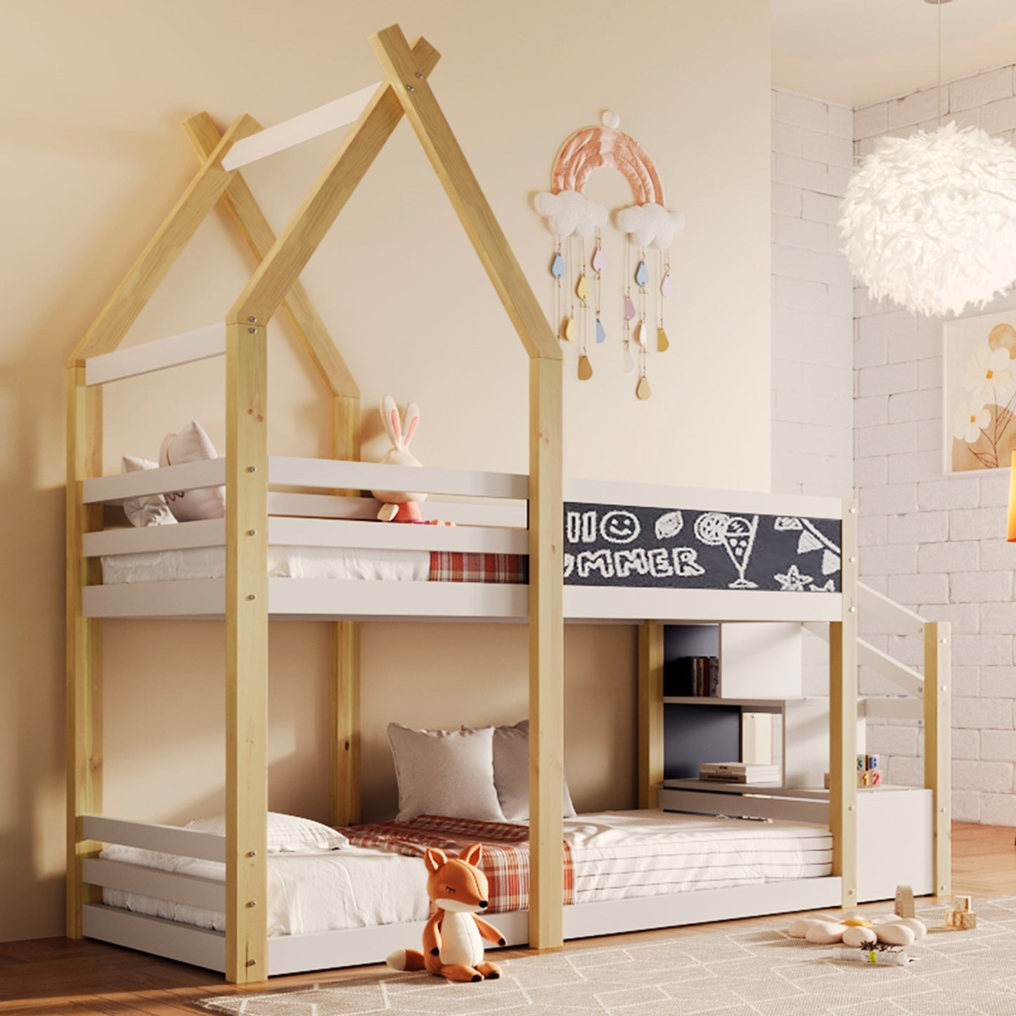 Twin over Twin House Bunk Bed with White Storage Staircase and Blackboard, White and Natural