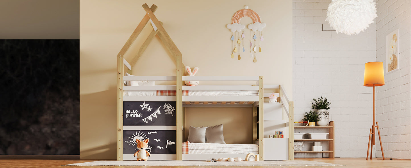 Twin over Twin House Bunk Bed with White Storage Staircase and 2 Blackboards, White and Natural