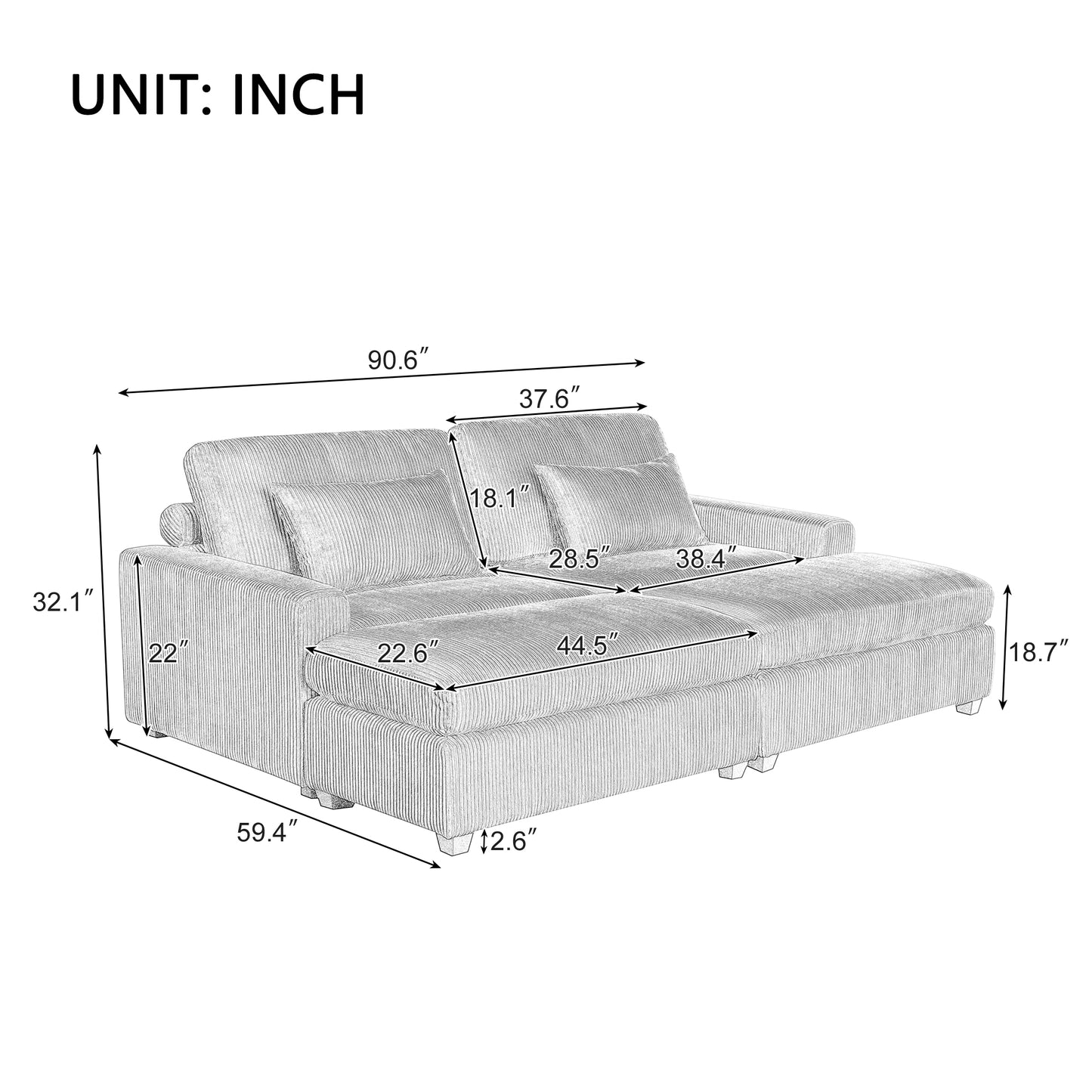 （缺货）U_STYLE90'' Square Arm Sofa with Removable Back Cushions and 2 pillows, Couch for Living Room, Office, Apartment