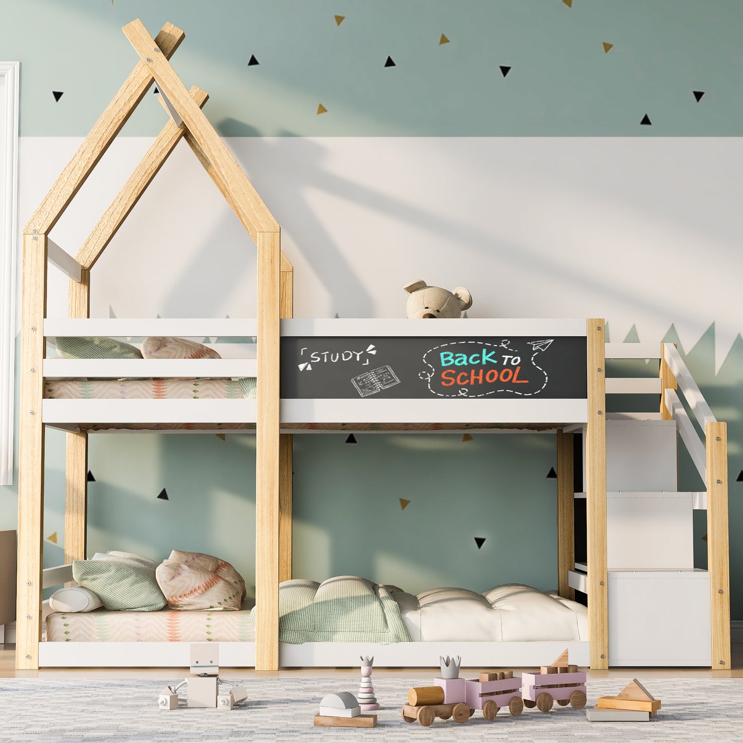 Twin over Twin House Bunk Bed with White Storage Staircase and Blackboard, White and Natural