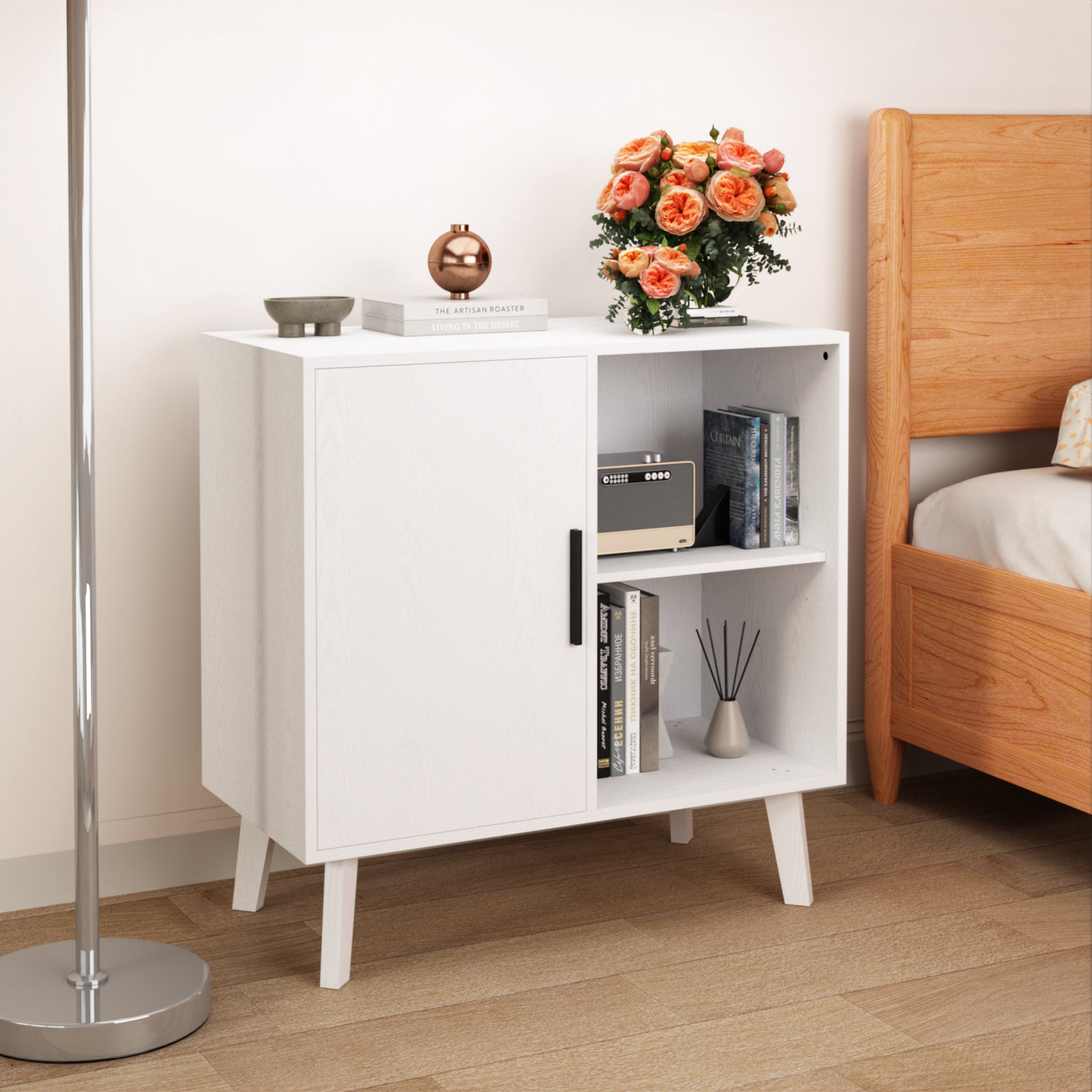 Wood Storage Cabinet, Modern Accent Buffet Cabinet, Free Standing Sideboard and Buffet Storage with Door and Shelves, Buffet Sideboard for Bedroom, Living Room, Kitchen or Hallway (White)