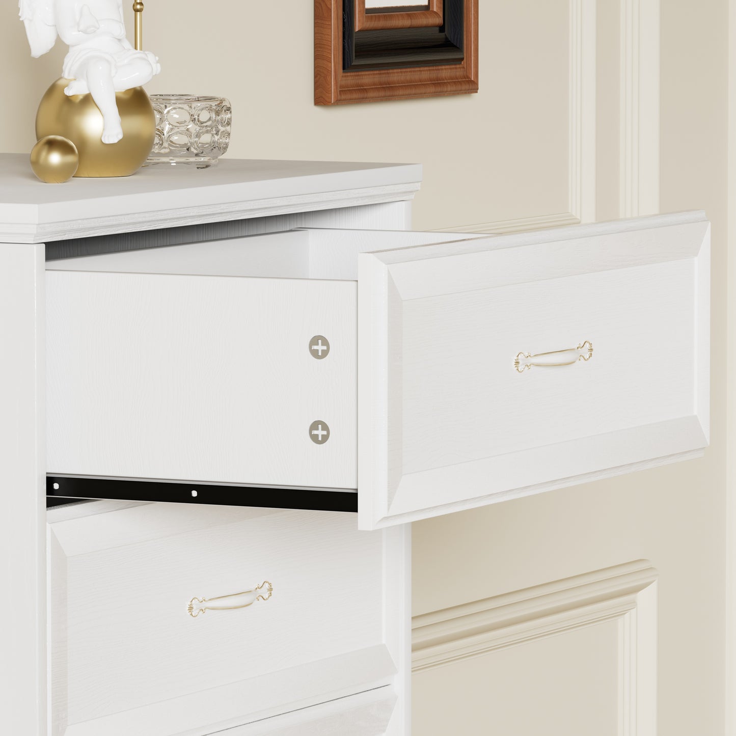 Modern 5 Tier Bedroom Chest of Drawers, Dresser with Drawers, Clothes Organizer -Metal Pulls for Living Room, Bedroom, Hallway, White, 25.2″L x 15.8″W x 43.5″H