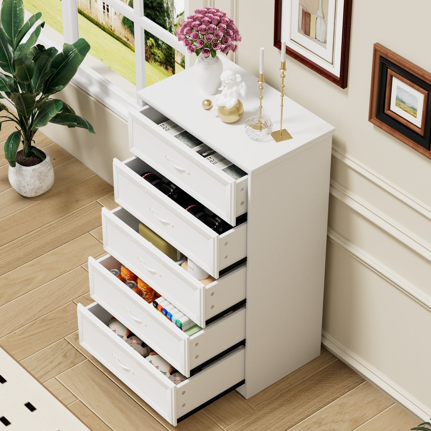 Modern 5 Tier Bedroom Chest of Drawers, Dresser with Drawers, Clothes Organizer -Metal Pulls for Living Room, Bedroom, Hallway, White, 25.2″L x 15.8″W x 43.5″H