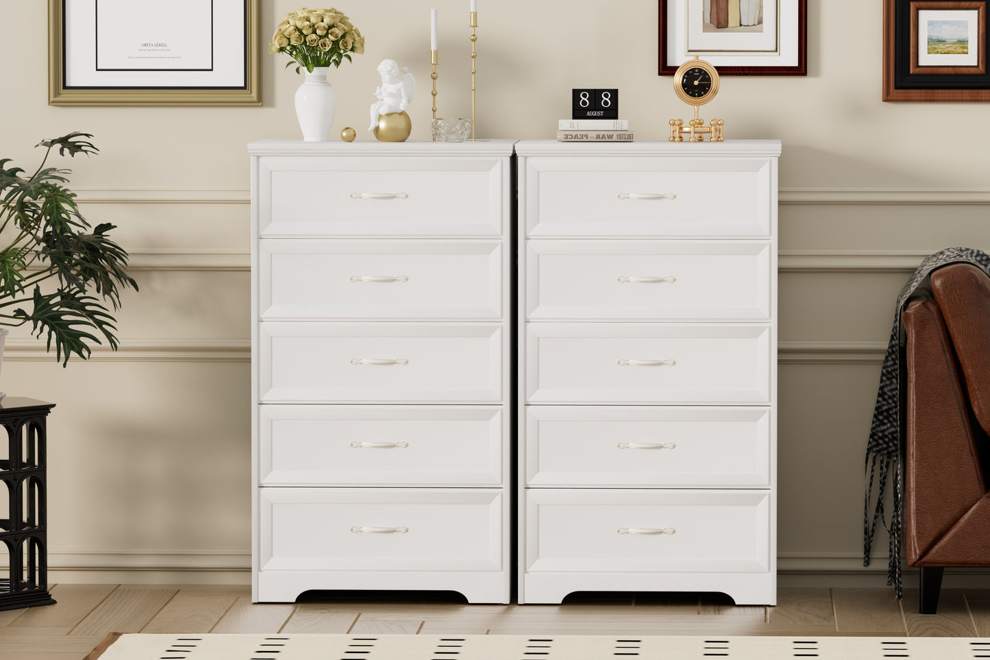 Modern 5 Tier Bedroom Chest of Drawers, Dresser with Drawers, Clothes Organizer -Metal Pulls for Living Room, Bedroom, Hallway, White, 25.2″L x 15.8″W x 43.5″H