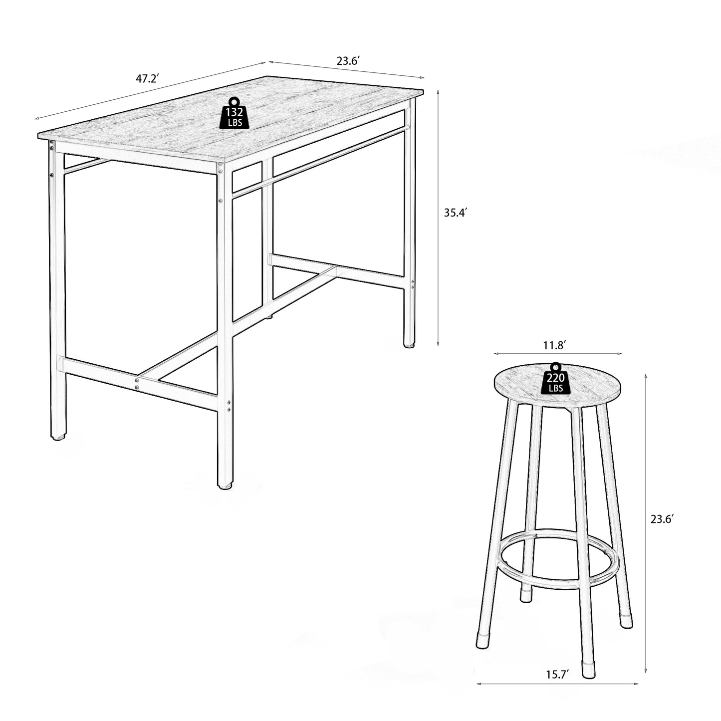 5-piece rural kitchen table with four bar stools, metal frame and MDF, black