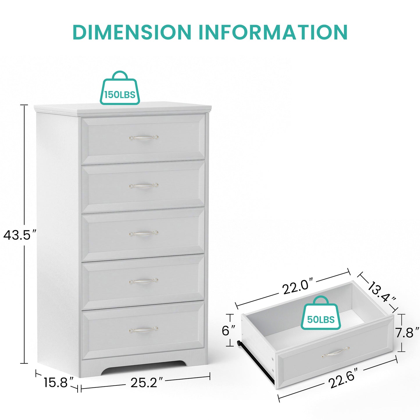 Modern 5 Tier Bedroom Chest of Drawers, Dresser with Drawers, Clothes Organizer -Metal Pulls for Living Room, Bedroom, Hallway, White, 25.2″L x 15.8″W x 43.5″H