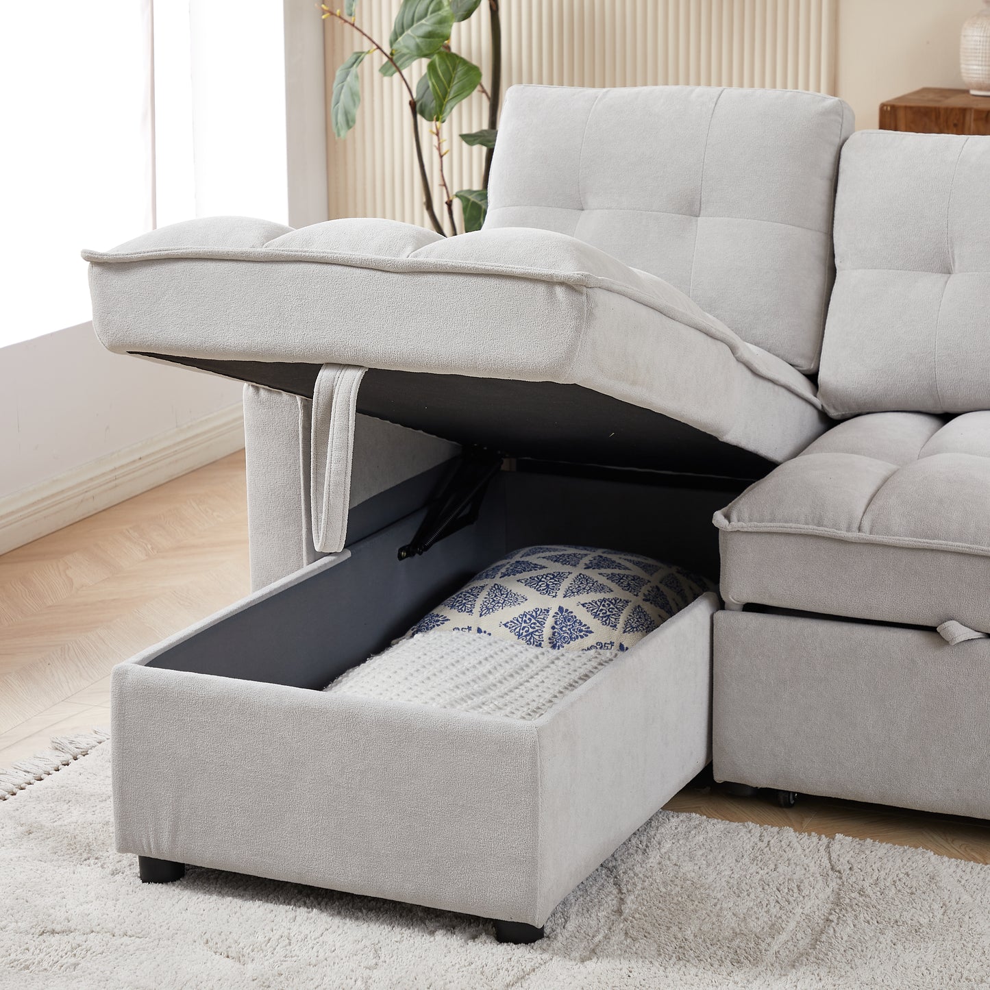 MH 78.75" Reclining Sofa, Pull-Out Sofa Bed with USB and tape-c charging ports, L-Shaped Sectional Sofa with Reclining Storage and Arm Side Organizer Pocket Features, Living Room Comfort Sofa