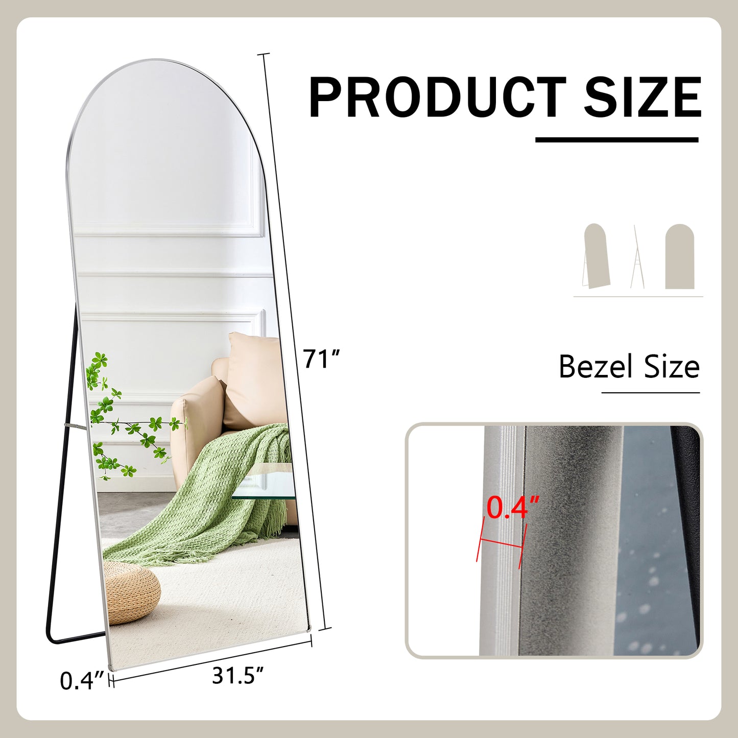 The 4th generation floor standing full-length rearview mirror. Aluminum alloy metal frame arched wall mirror, bathroom makeup mirror, floor standing mirror with bracket. Silver 71 "* 31" AM-SR