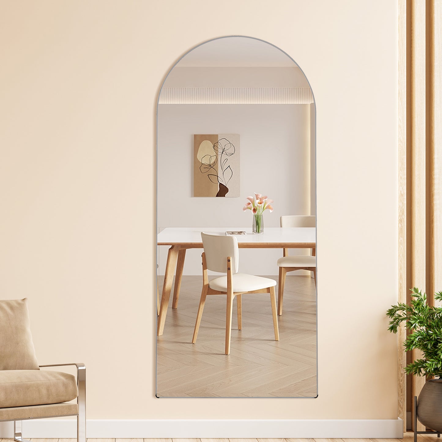 The 4th generation floor standing full-length rearview mirror. Aluminum alloy metal frame arched wall mirror, bathroom makeup mirror, floor standing mirror with bracket. Silver 71 "* 31" AM-SR