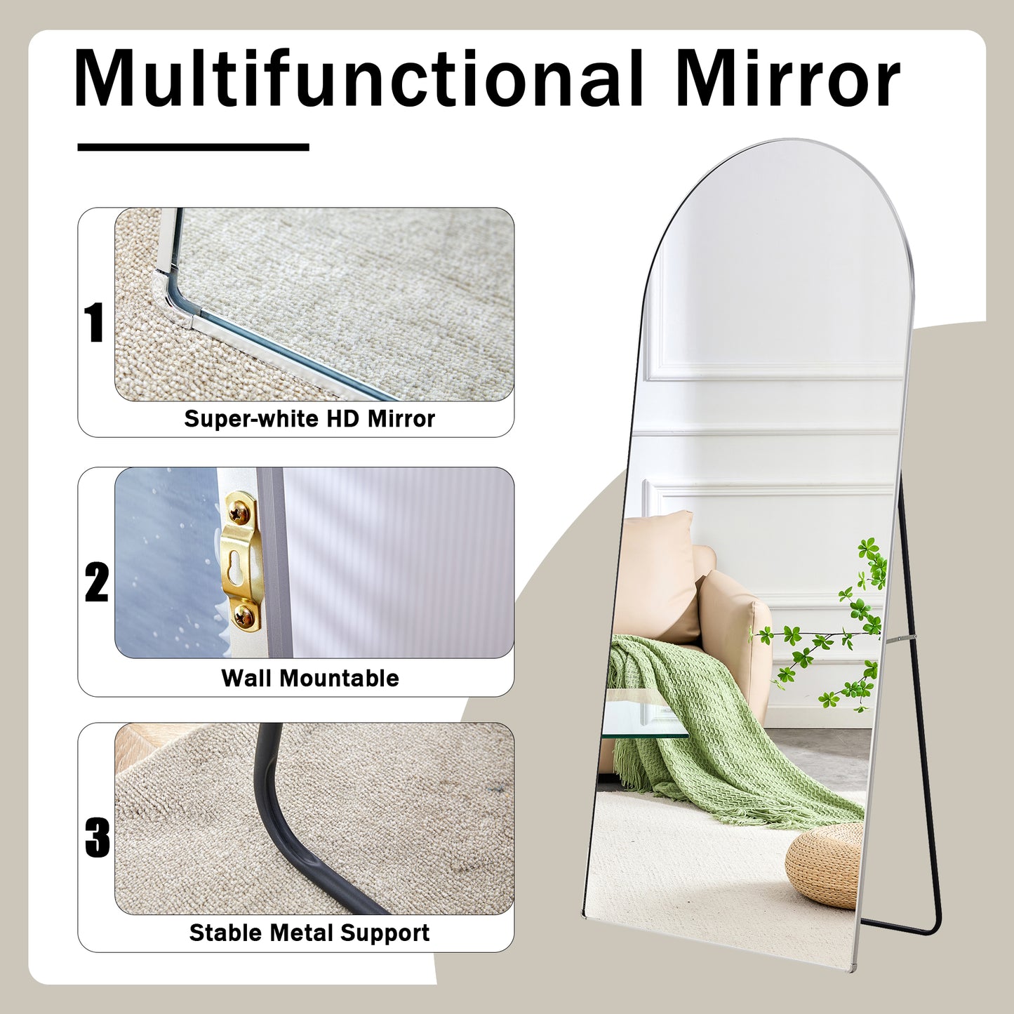 The 4th generation floor standing full-length rearview mirror. Aluminum alloy metal frame arched wall mirror, bathroom makeup mirror, floor standing mirror with bracket. Silver 71 "* 31" AM-SR