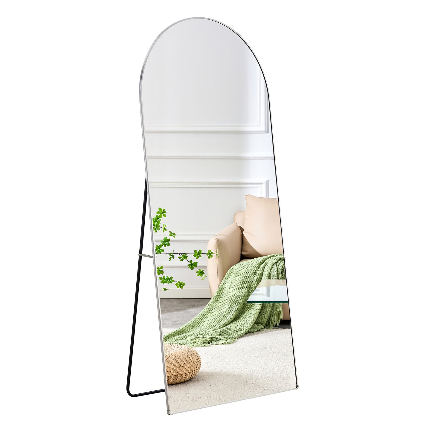 The 4th generation floor standing full-length rearview mirror. Aluminum alloy metal frame arched wall mirror, bathroom makeup mirror, floor standing mirror with bracket. Silver 71 "* 31" AM-SR