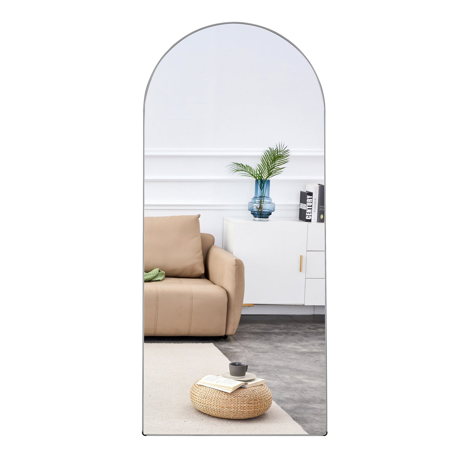 The 4th generation floor standing full-length rearview mirror. Aluminum alloy metal frame arched wall mirror, bathroom makeup mirror, floor standing mirror with bracket. Silver 71 "* 31" AM-SR