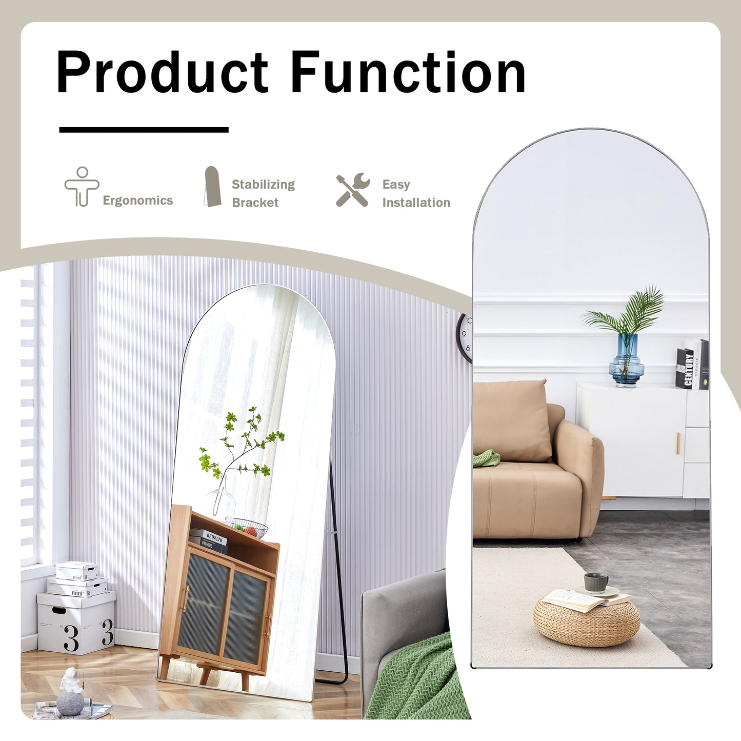 The 4th generation floor standing full-length rearview mirror. Aluminum alloy metal frame arched wall mirror, bathroom makeup mirror, floor standing mirror with bracket. Silver 71 "* 31" AM-SR