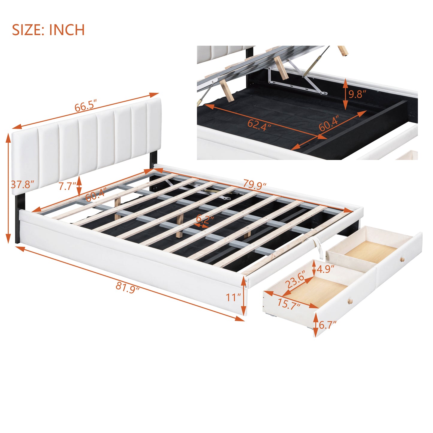 （缺货）Queen Size Upholstered Bed with Hydraulic Storage System and Drawer, White