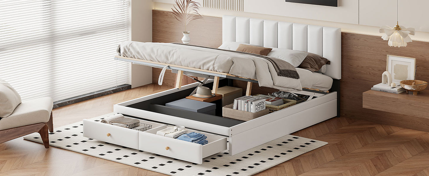 （缺货）Queen Size Upholstered Bed with Hydraulic Storage System and Drawer, White