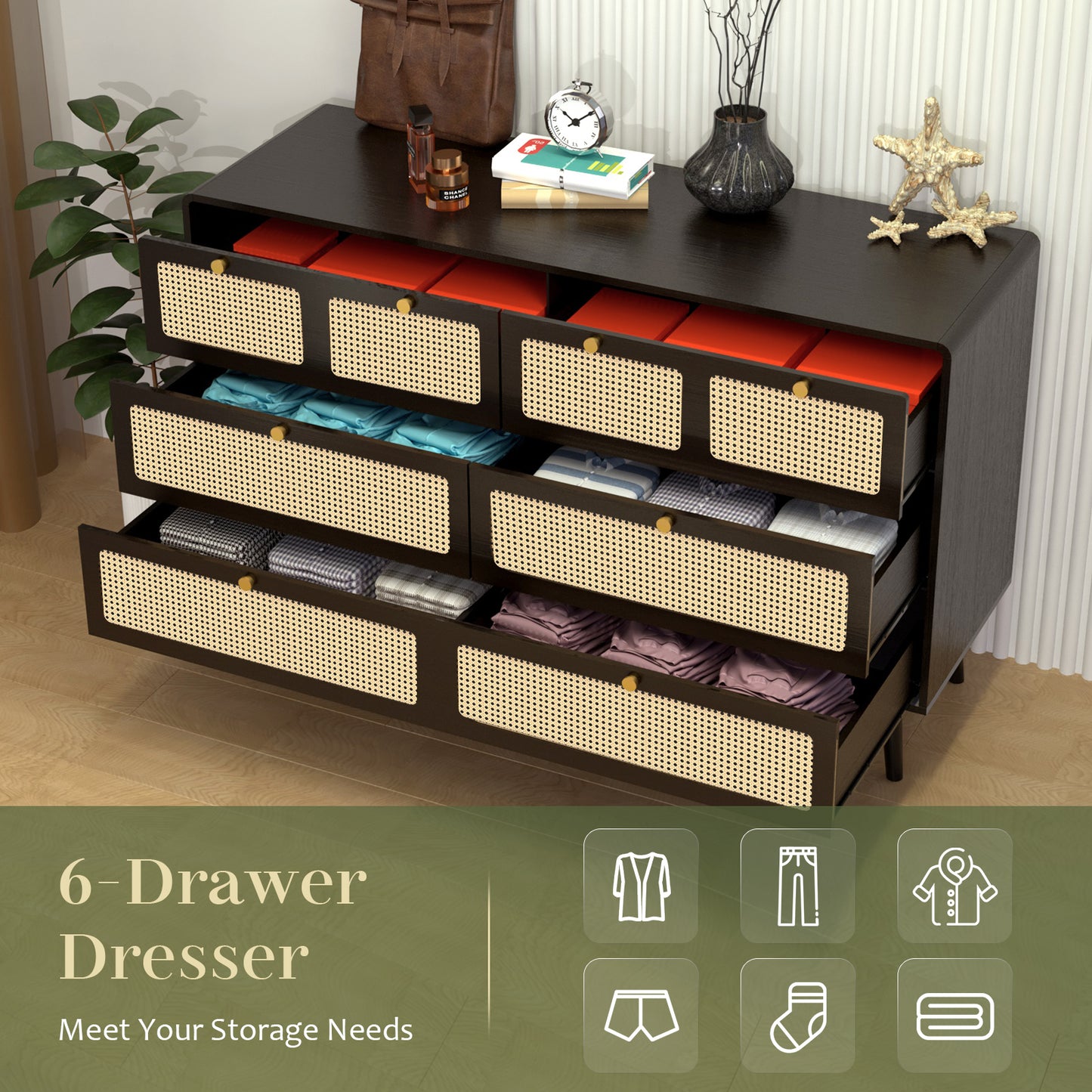 （缺货）6 Drawer Dresser, Modern Rattan Dresser Chest with Wide Drawers and Metal Handles, Farmhouse Wood Storage Chest of Drawers for Bedroom, Living Room, Hallway, Entryway