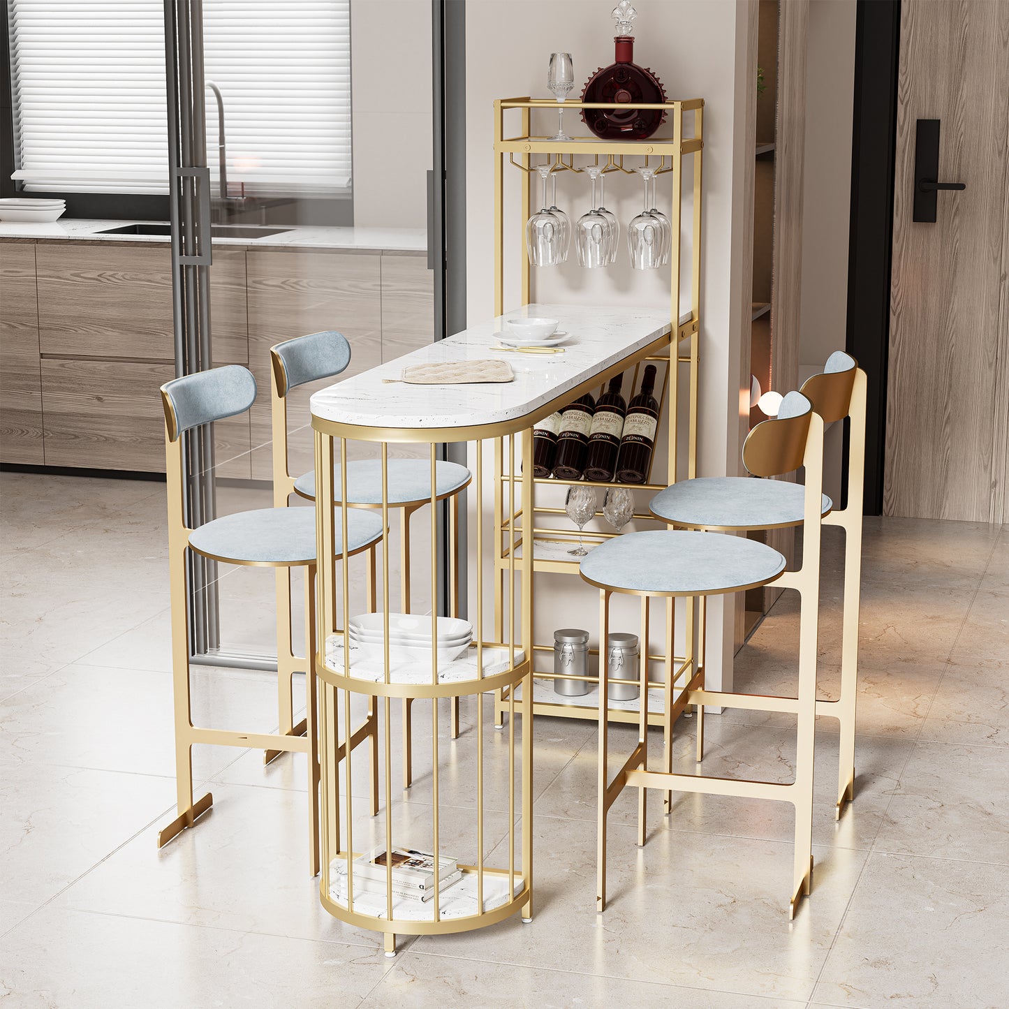 （缺货）63" Modern White Kitchen Bar Height Dining Table Wood Breakfast Pub Table with Gold Base with Shelves, Glass Rack, Wine Bottle Rack