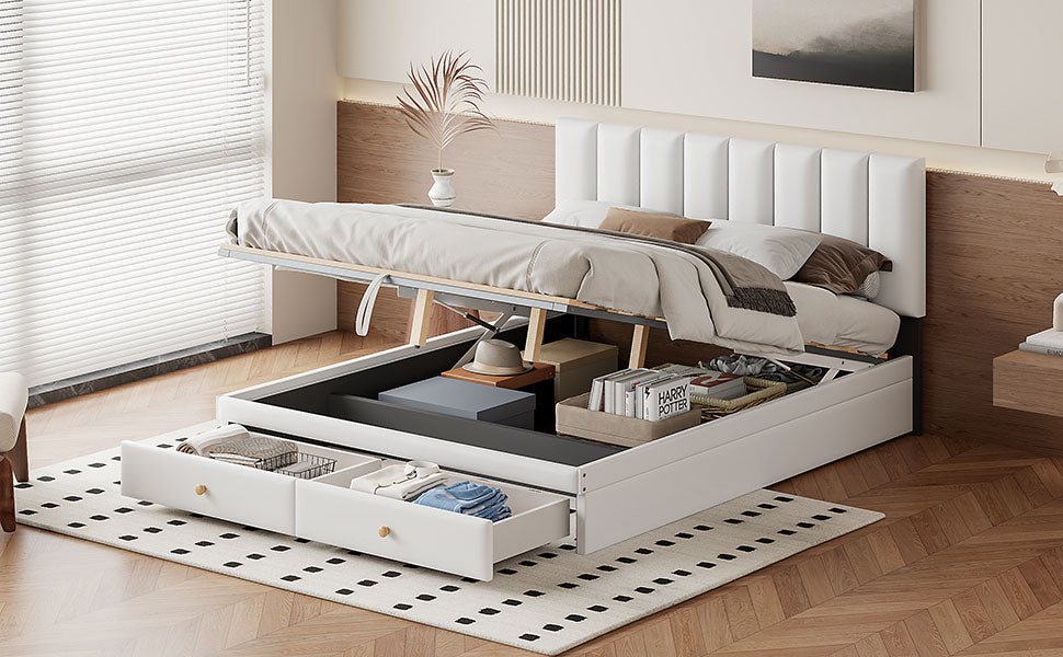 （缺货）Queen Size Upholstered Bed with Hydraulic Storage System and Drawer, White