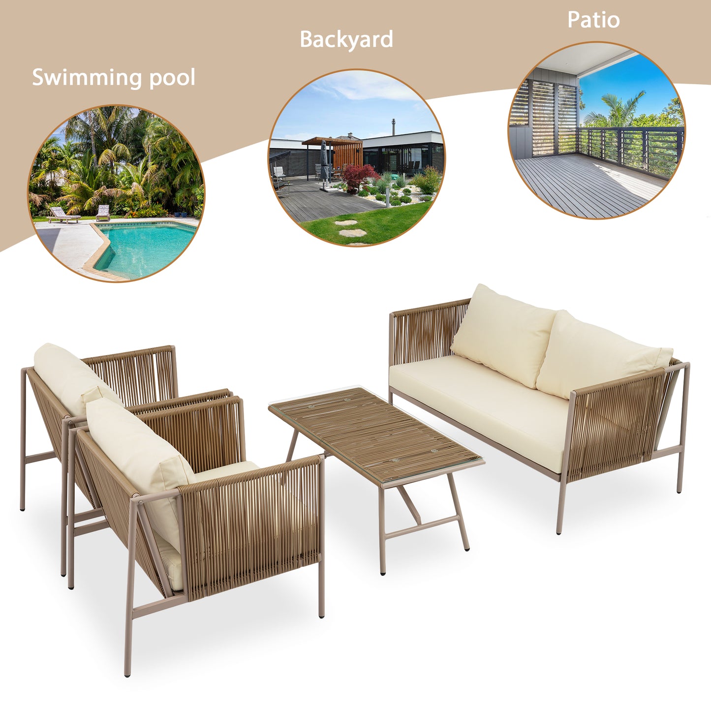 GO 4-Piece Rope Sofa Set with Thick Cushions and Toughened Glass Table, All-Weather Patio Furniture Set For 4 Person With Loveseat, Beige