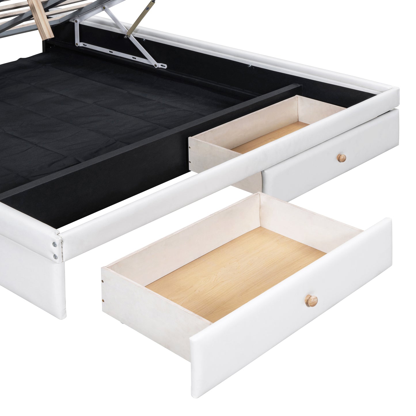 （缺货）Queen Size Upholstered Bed with Hydraulic Storage System and Drawer, White