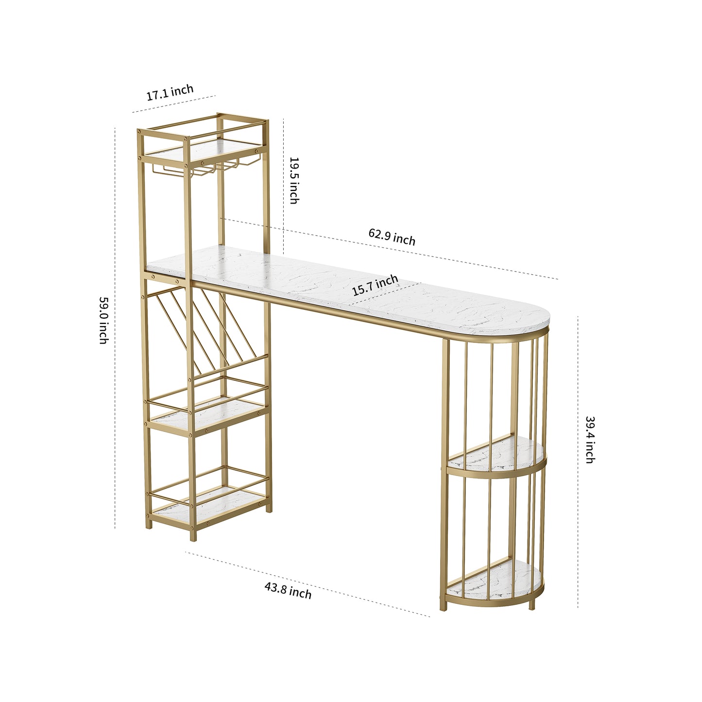 （缺货）63" Modern White Kitchen Bar Height Dining Table Wood Breakfast Pub Table with Gold Base with Shelves, Glass Rack, Wine Bottle Rack