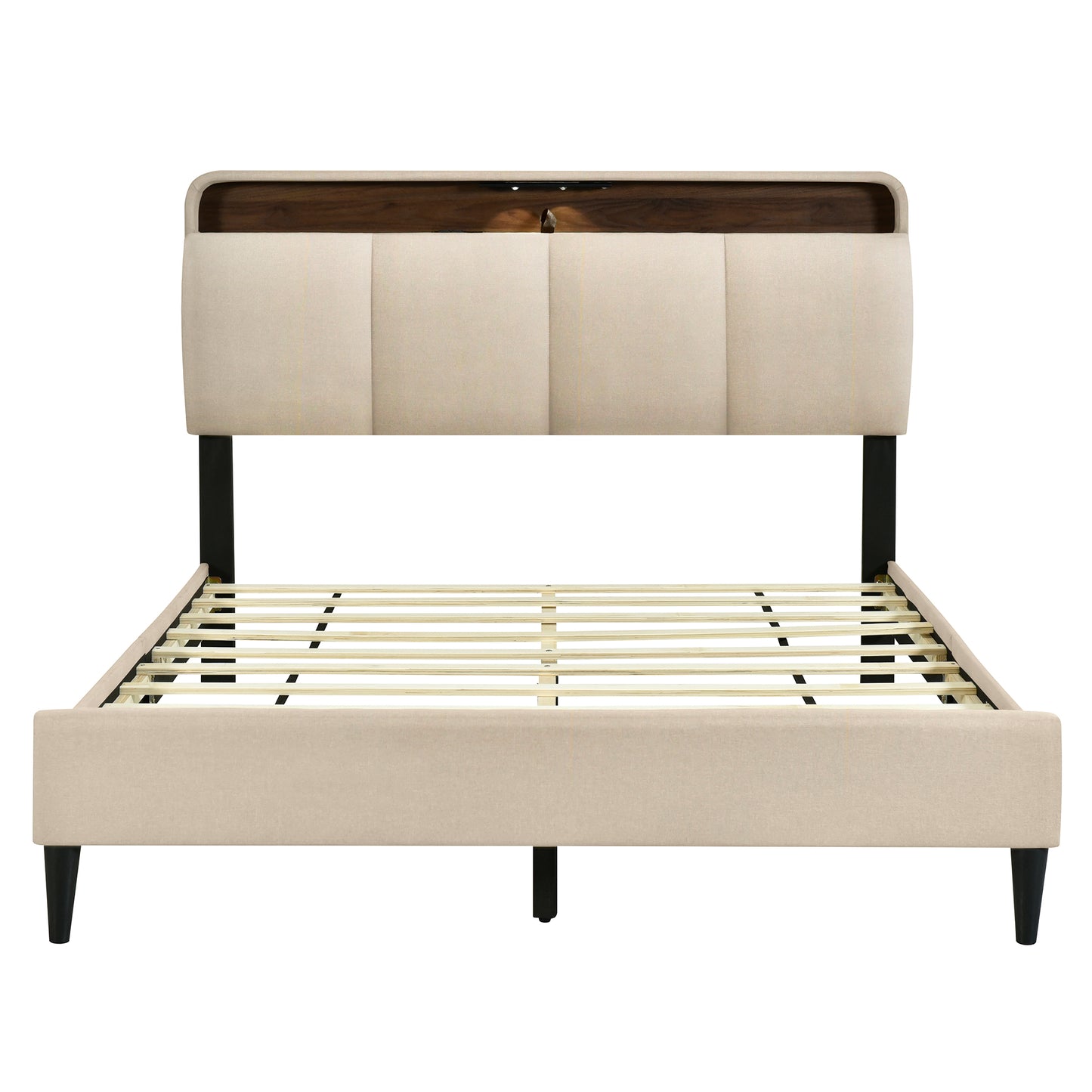 Queen size Upholstered Platform Bed with Storage Headboard, Sensor Light and a set of Sockets and USB Ports, Linen Fabric, Beige