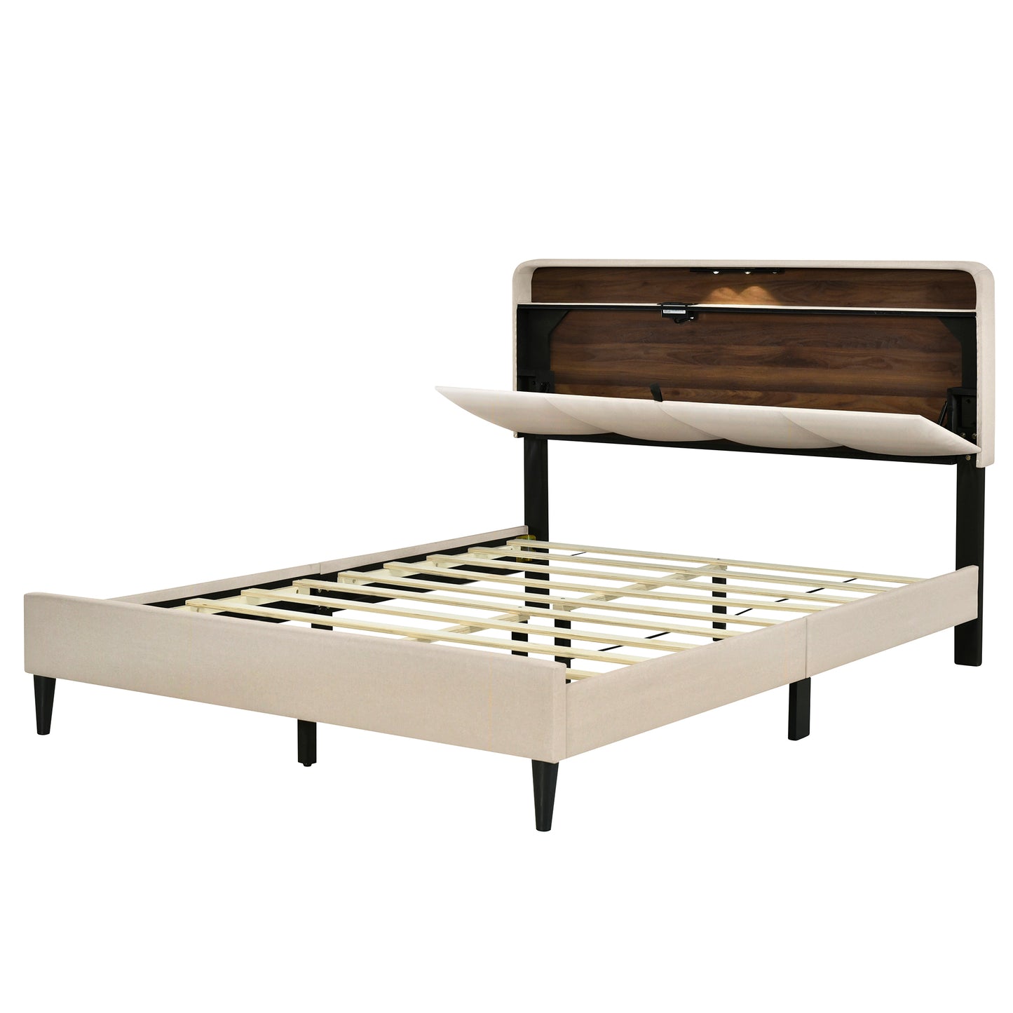 Queen size Upholstered Platform Bed with Storage Headboard, Sensor Light and a set of Sockets and USB Ports, Linen Fabric, Beige