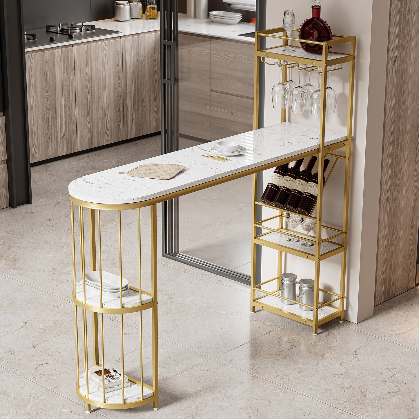 （缺货）63" Modern White Kitchen Bar Height Dining Table Wood Breakfast Pub Table with Gold Base with Shelves, Glass Rack, Wine Bottle Rack