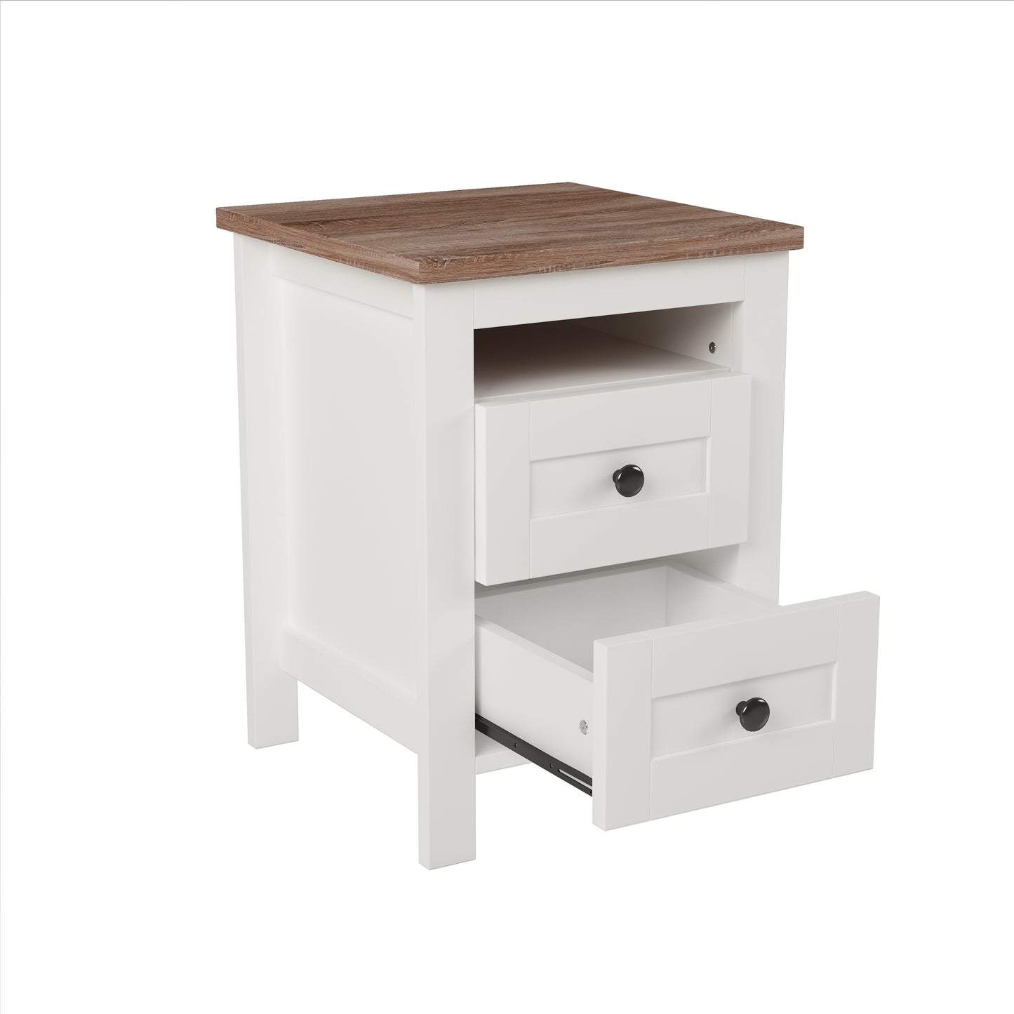 2-Drawer Farmhouse Wooden Nightstand with Well-proportioned Design and Sleek Lines, Wood Side Table with Storage Cabinet for Bedroom, White+Brown