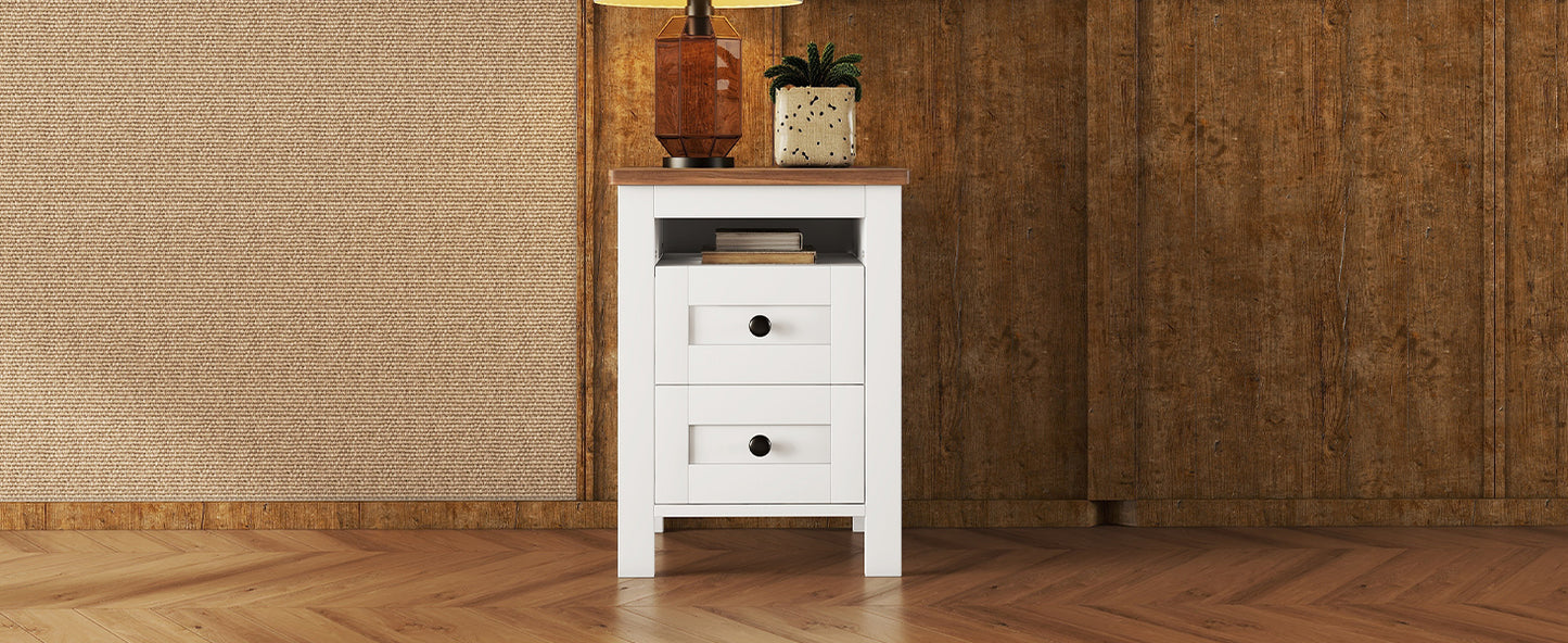 2-Drawer Farmhouse Wooden Nightstand with Well-proportioned Design and Sleek Lines, Wood Side Table with Storage Cabinet for Bedroom, White+Brown