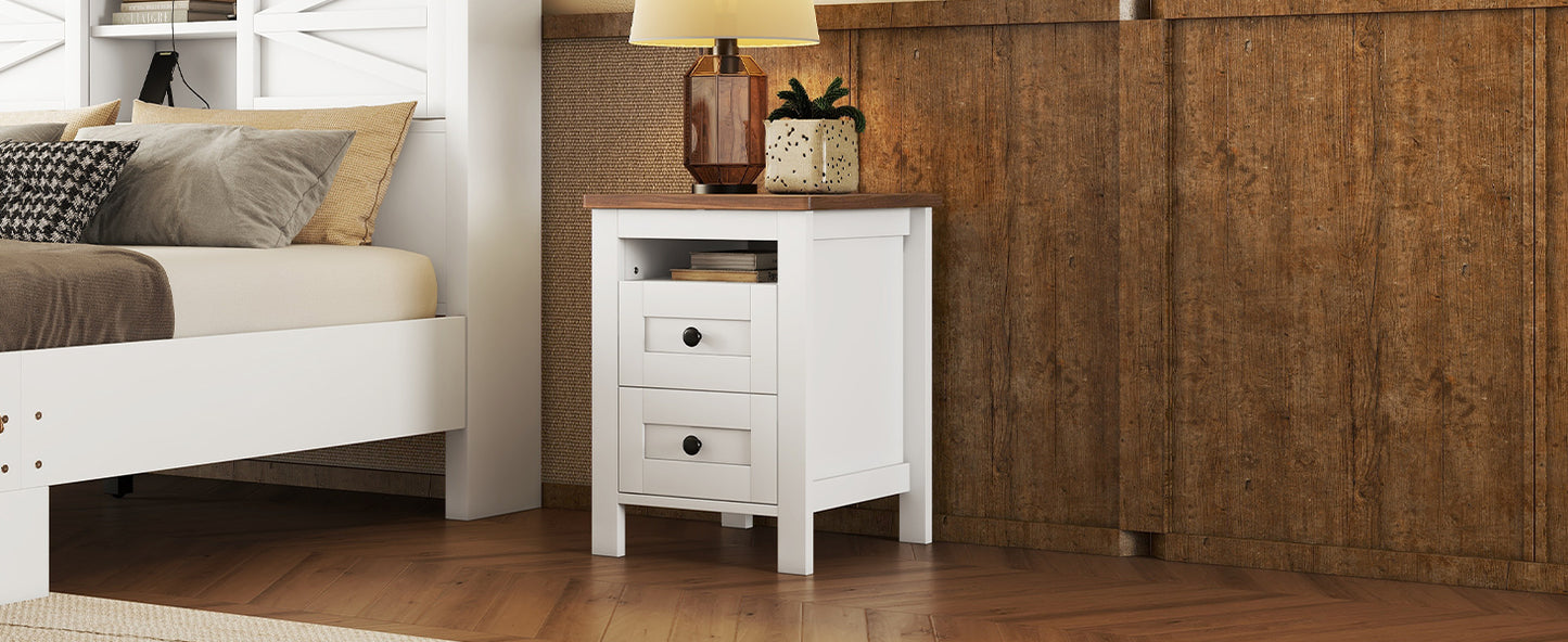 2-Drawer Farmhouse Wooden Nightstand with Well-proportioned Design and Sleek Lines, Wood Side Table with Storage Cabinet for Bedroom, White+Brown