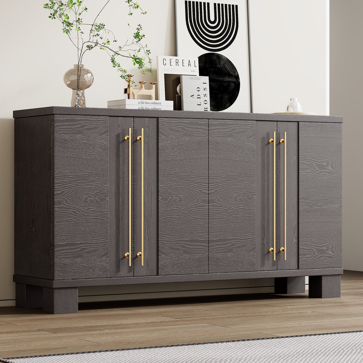 TREXM Wood Traditional Style Sideboard with Adjustable Shelves and Gold Handles for Kitchen, Dining Room and Living Room (Taupe)