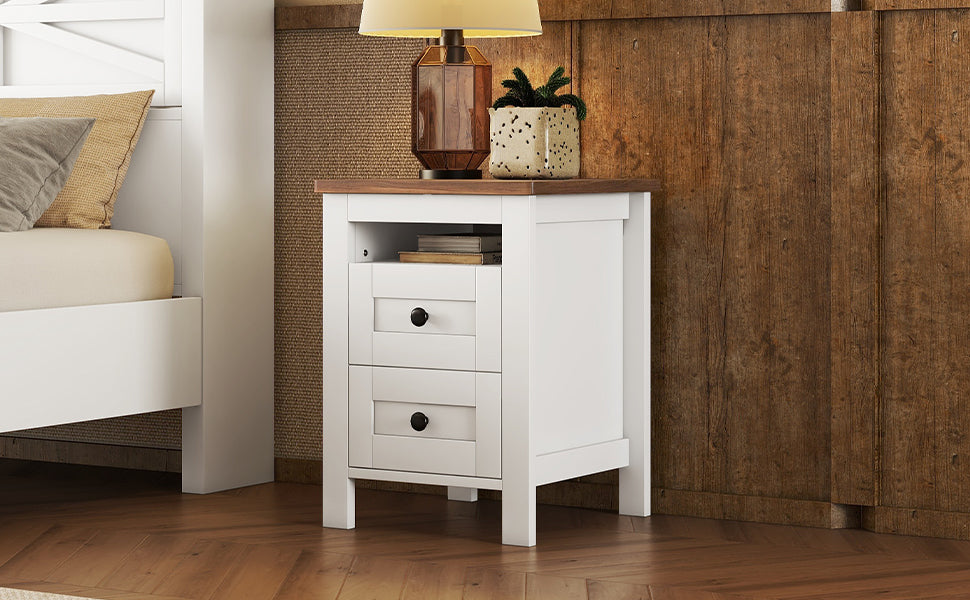 2-Drawer Farmhouse Wooden Nightstand with Well-proportioned Design and Sleek Lines, Wood Side Table with Storage Cabinet for Bedroom, White+Brown