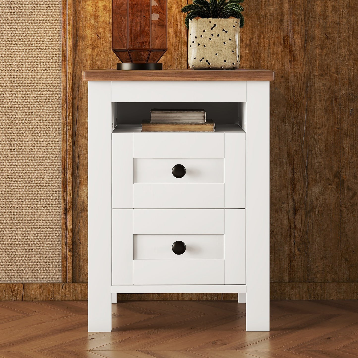 2-Drawer Farmhouse Wooden Nightstand with Well-proportioned Design and Sleek Lines, Wood Side Table with Storage Cabinet for Bedroom, White+Brown