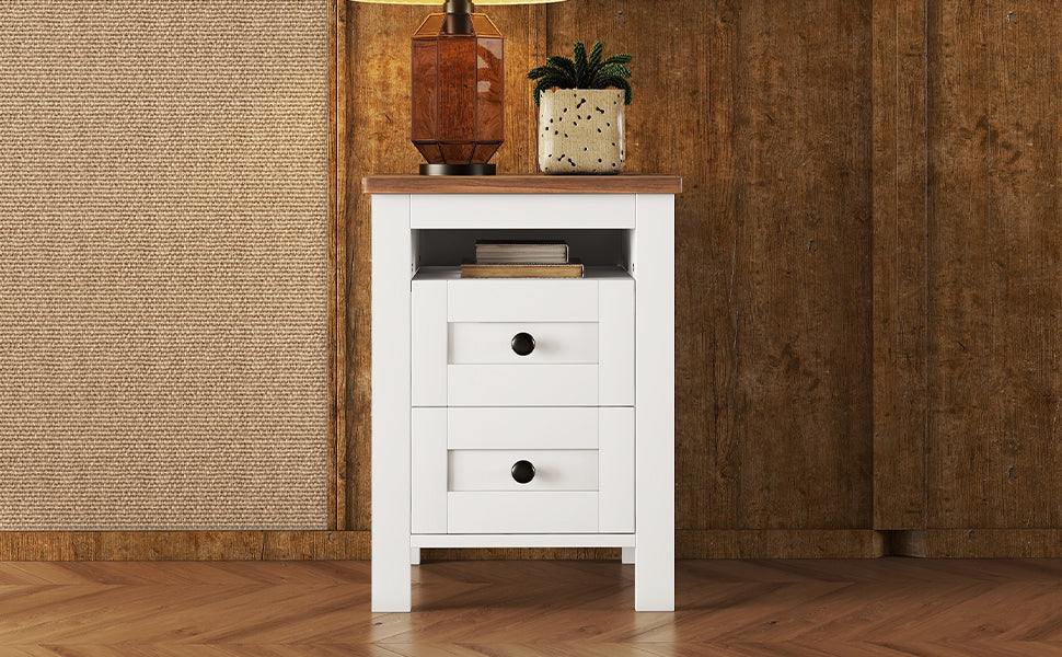 2-Drawer Farmhouse Wooden Nightstand with Well-proportioned Design and Sleek Lines, Wood Side Table with Storage Cabinet for Bedroom, White+Brown